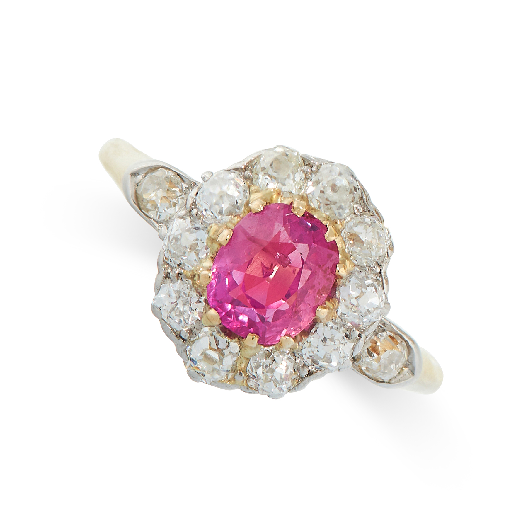 BURMA NO HEAT RUBY AND DIAMOND RING in cluster form, set with a cushion cut ruby of 1.14 carats in a