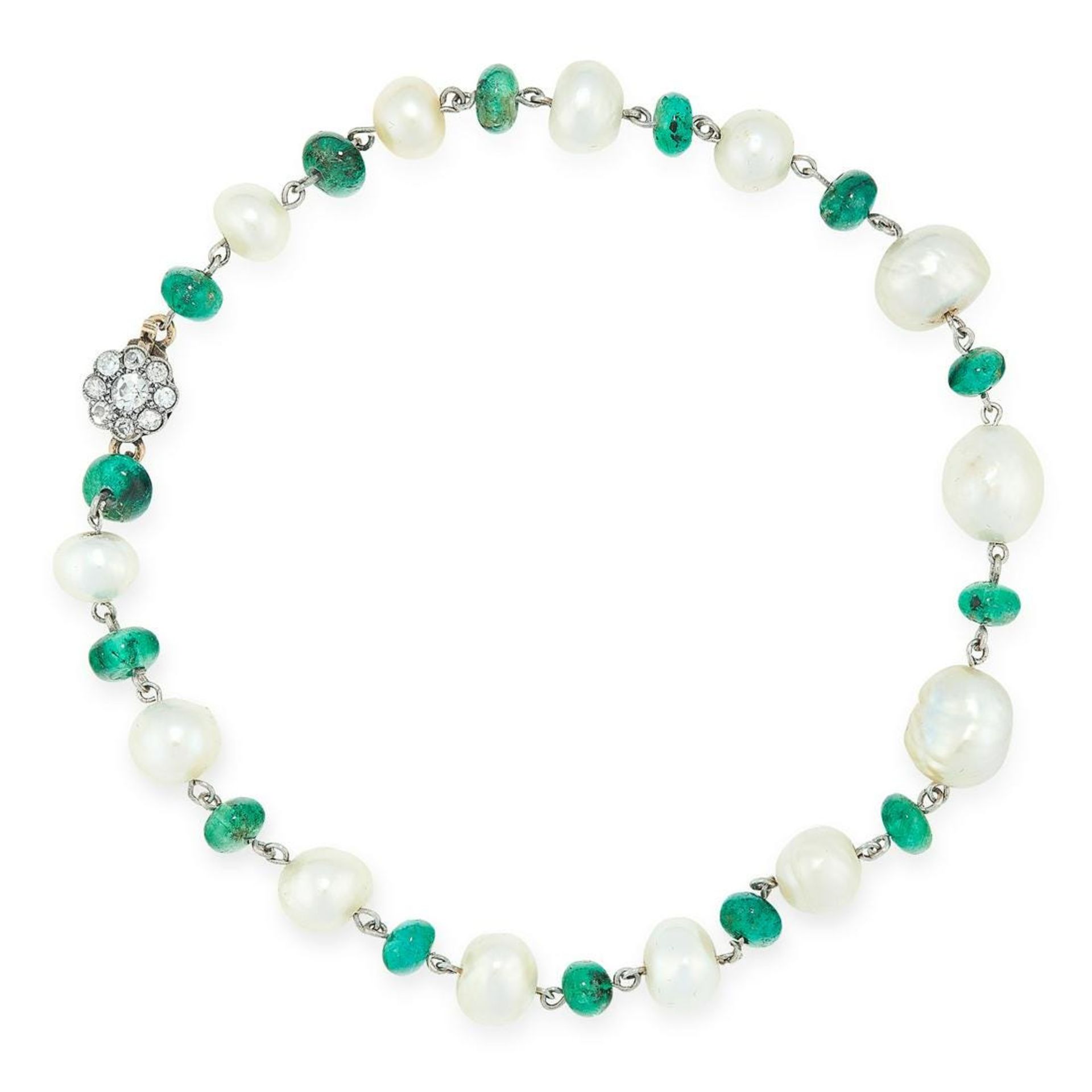 NATURAL PEARL, EMERALD AND DIAMOND BRACELET in yellow gold and silver, comprising a row of