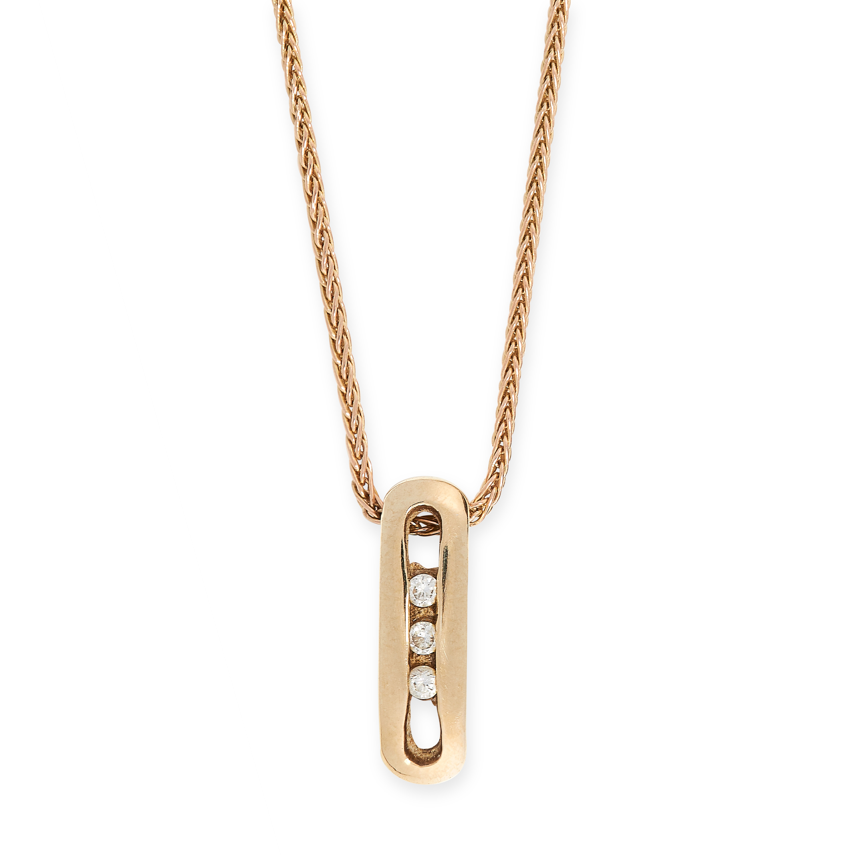 DIAMOND PENDANT comprising of three round cut diamonds in an elongated rounded rectangular border,