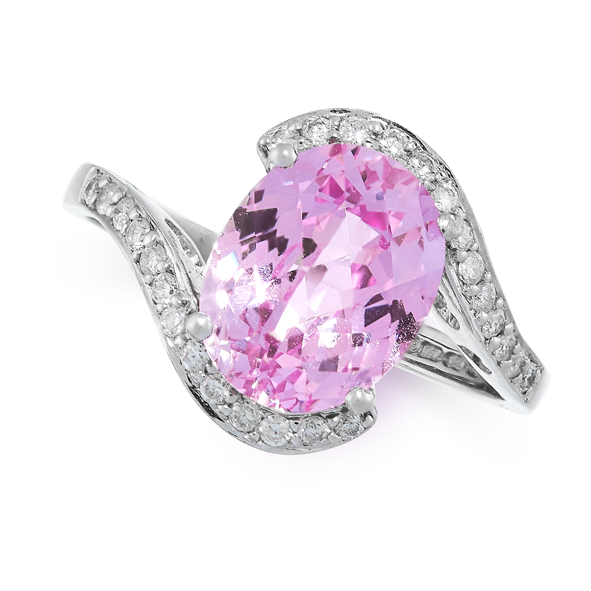 PINK TOPAZ AND DIAMOND RING comprising of a oval faceted pink topaz in a twisted border of round cut