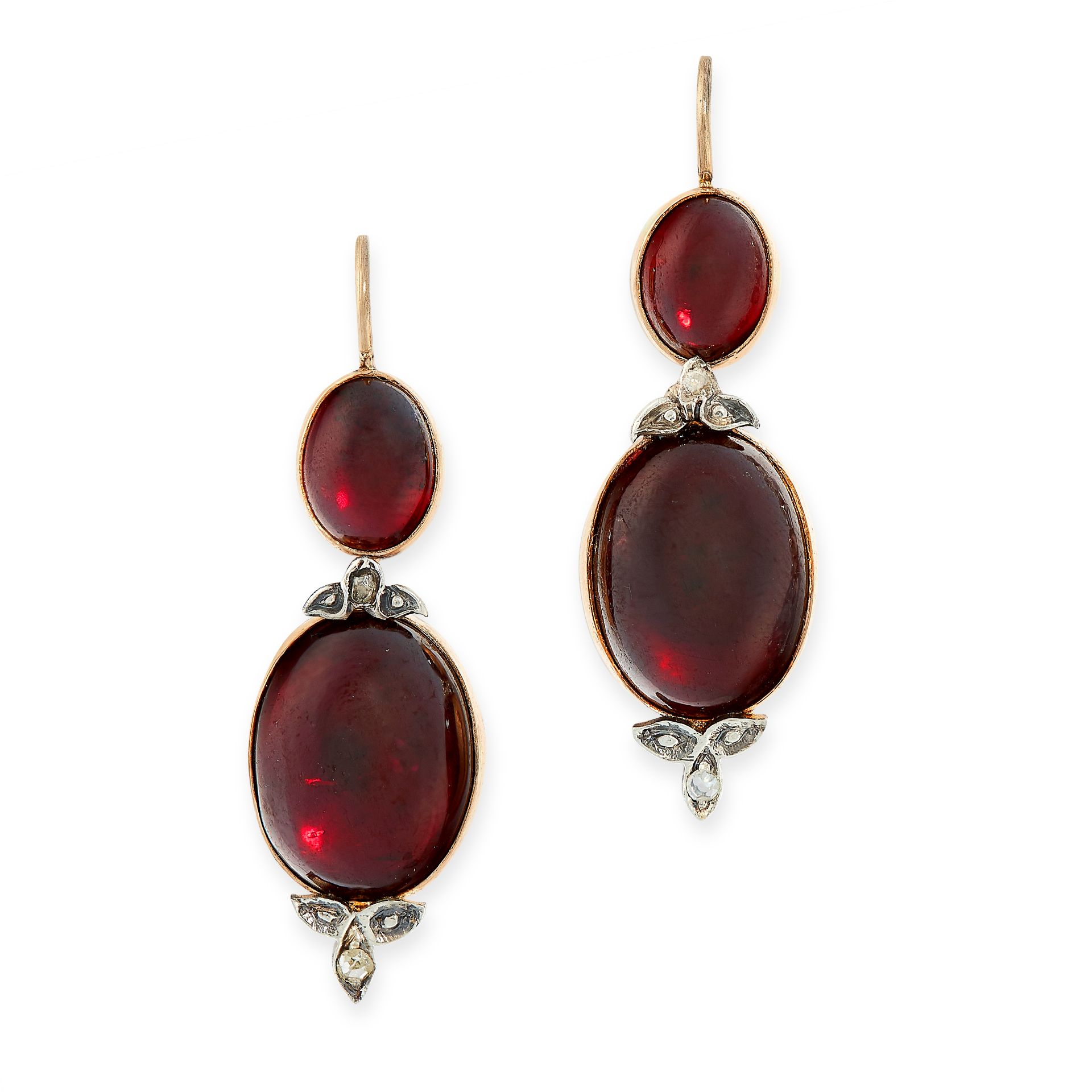 PAIR OF ANTIQUE GARNET AND DIAMOND EARRINGS in yellow gold, each comprising of two cabochon