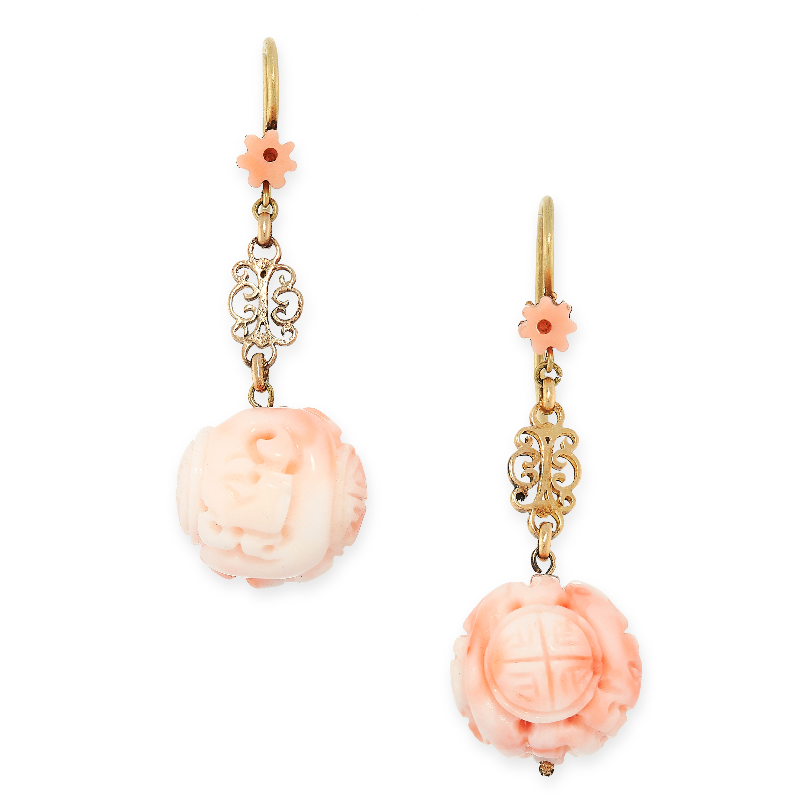 PAIR OF CORAL EARRINGS each formed of a polished coral bead in floral motif, suspending a coral bead