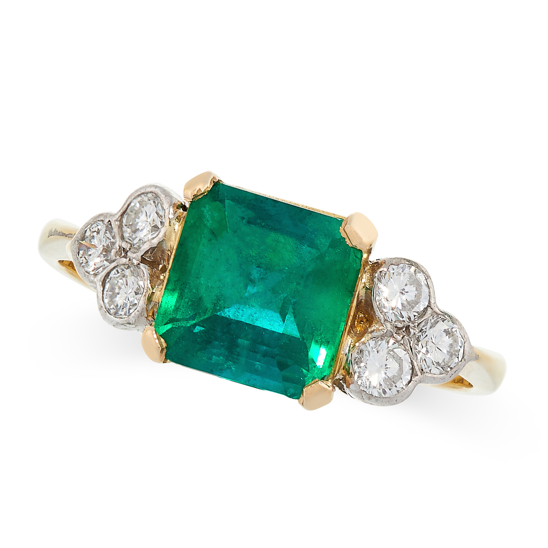 EMERALD AND DIAMOND RING comprising of a square emerald cut emerald of 2.50 carats between trios