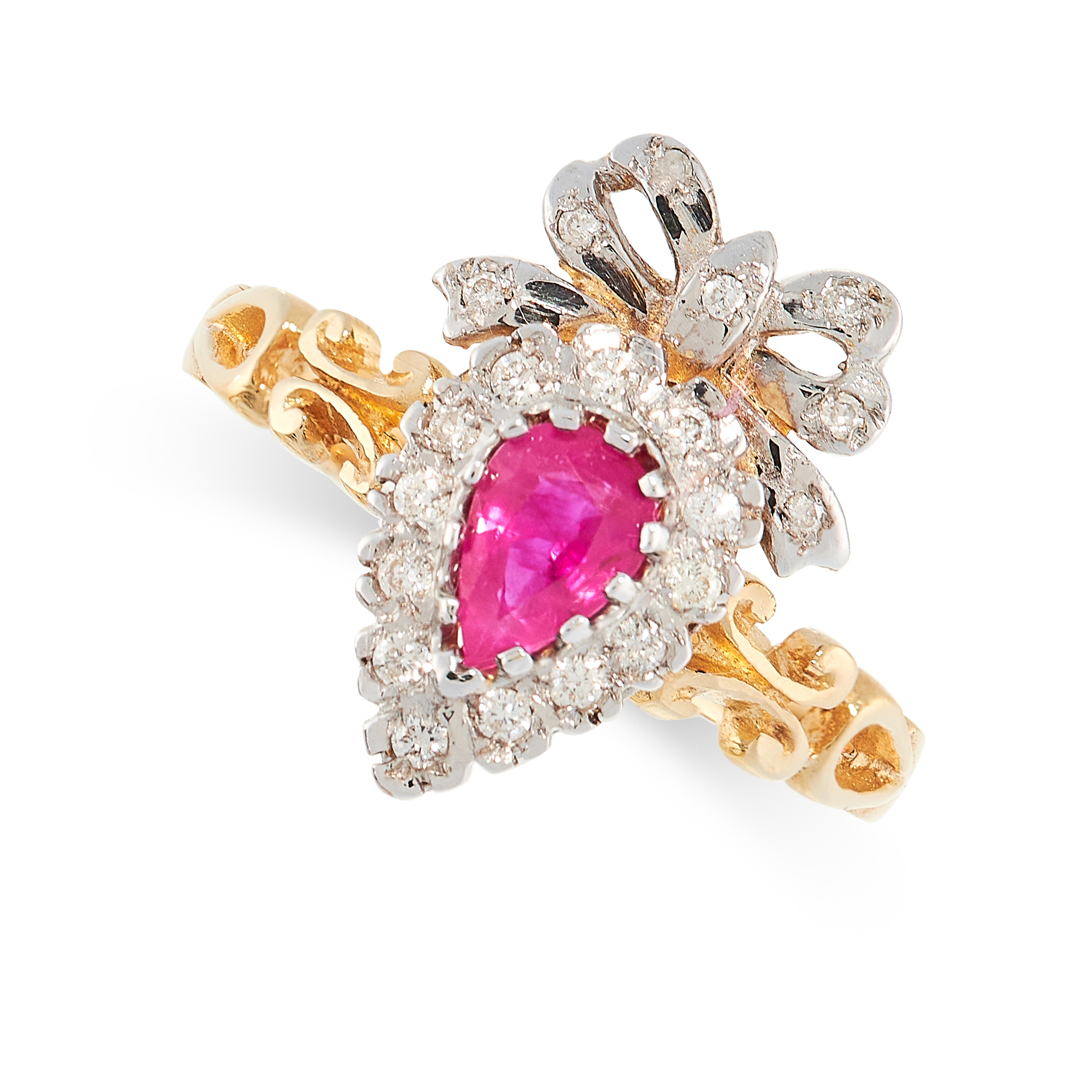 RUBY AND DIAMOND SWEETHEART RING in 18ct yellow gold, in ribbon and heart motif set with a pear