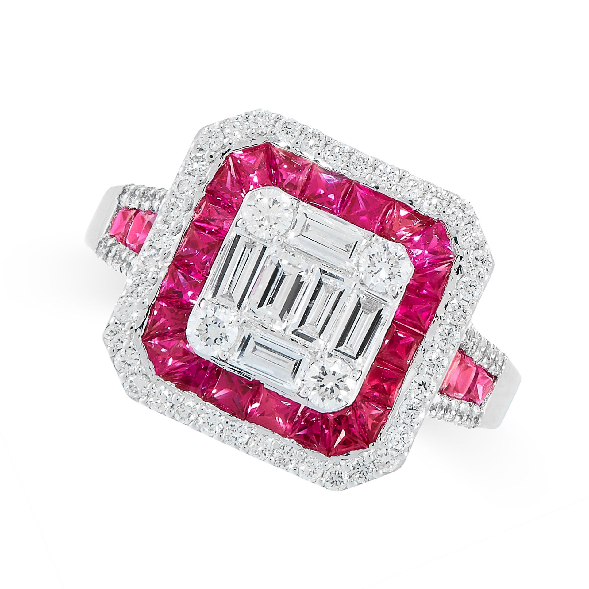 RUBY AND DIAMOND RING the central cluster composed of baguette and brilliant-cut diamonds, within