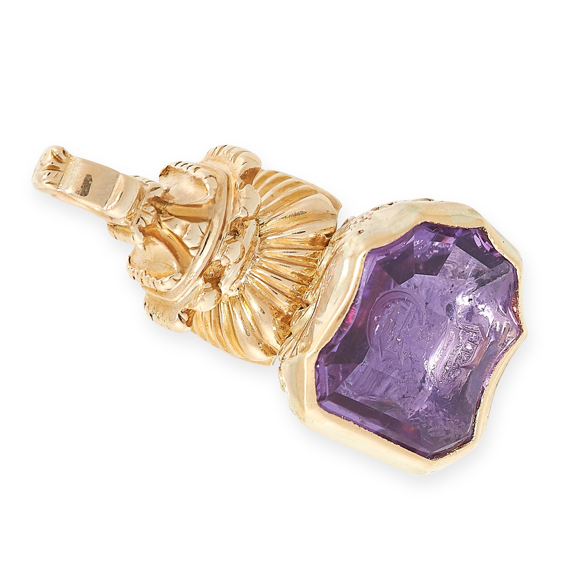 ANTIQUE AMETHYST FOB SEAL PENDANT / CHARM the face set with an amethyst reverse carved with - Image 2 of 3