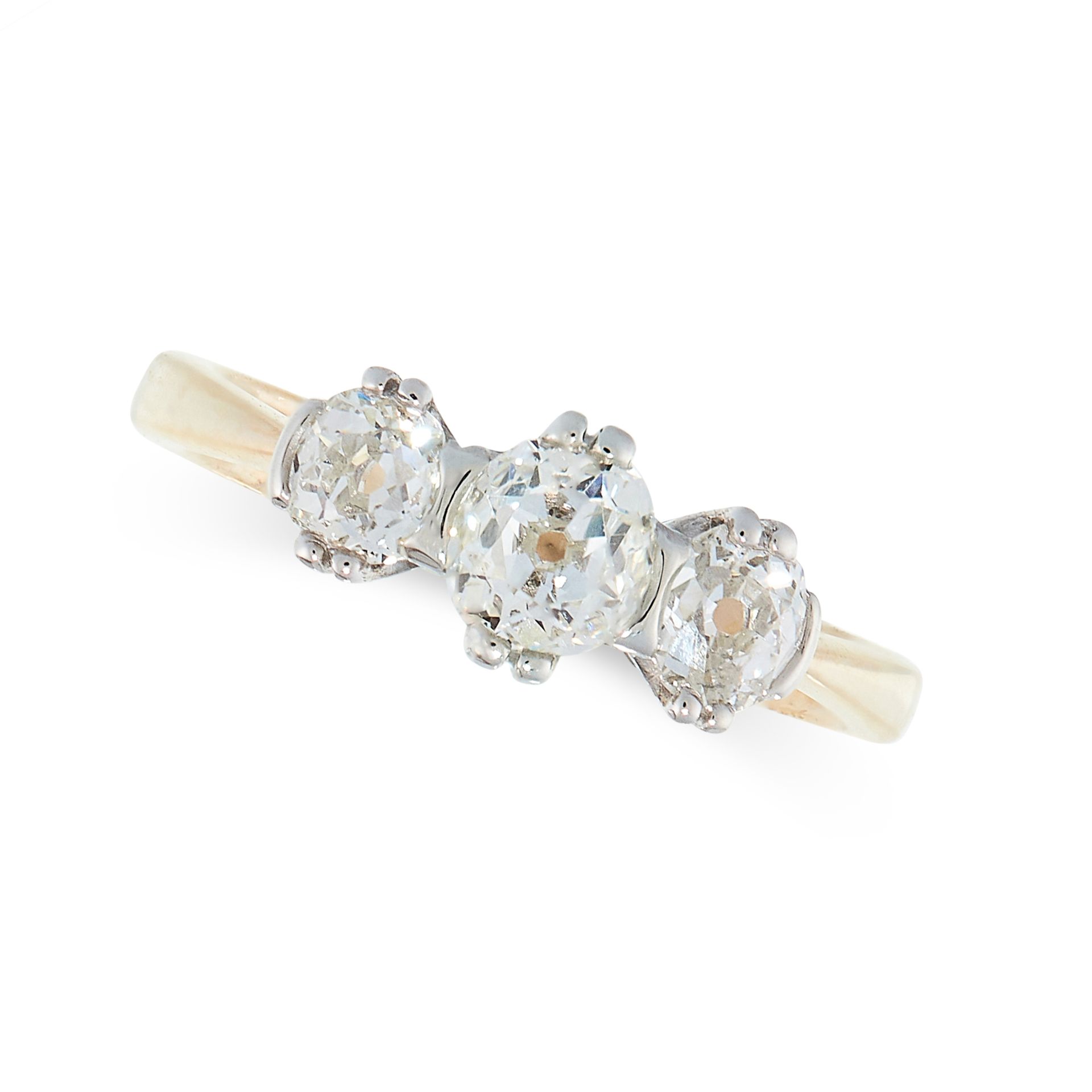 DIAMOND THREE STONE RING in 18ct gold and platinum, set with three old cut diamonds all totalling