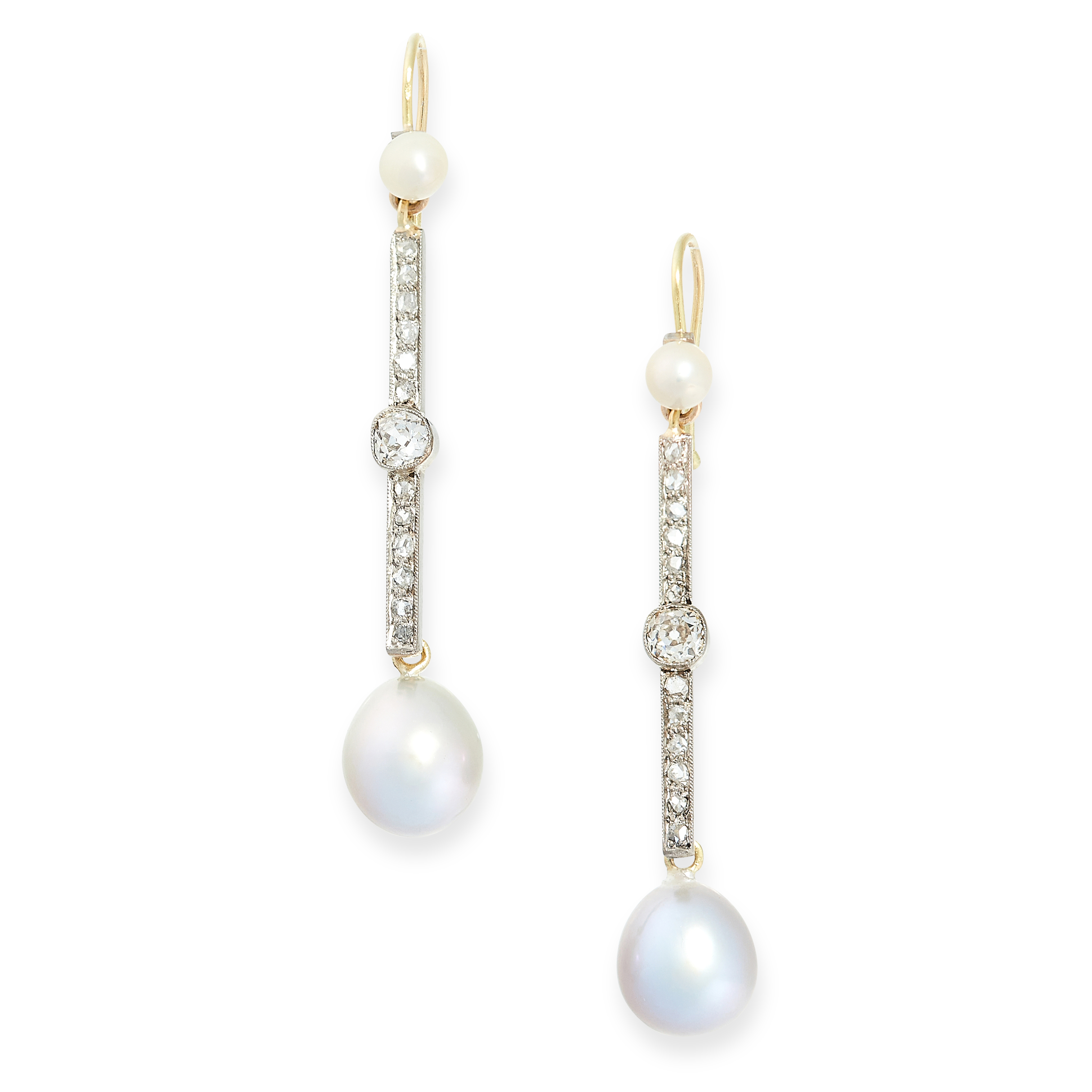 PAIR OF PEARL AND DIAMOND EARRINGS, EARLY 20TH CENTURY each is set with a pearl suspending a bar