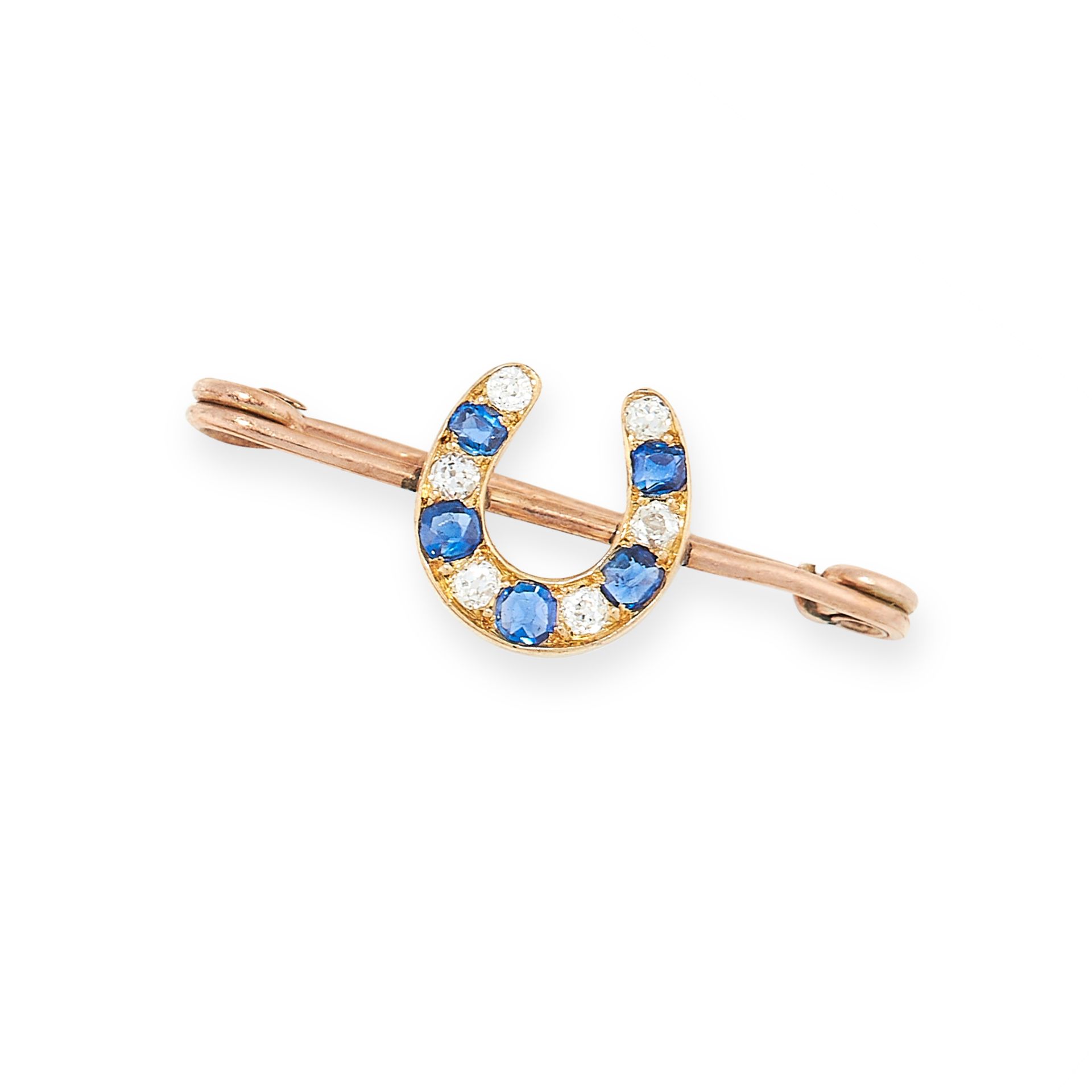 ANTIQUE DIAMOND AND SAPPHIRE HORSESHOE BROOCH in yellow gold, of bar design, set with a horseshoe