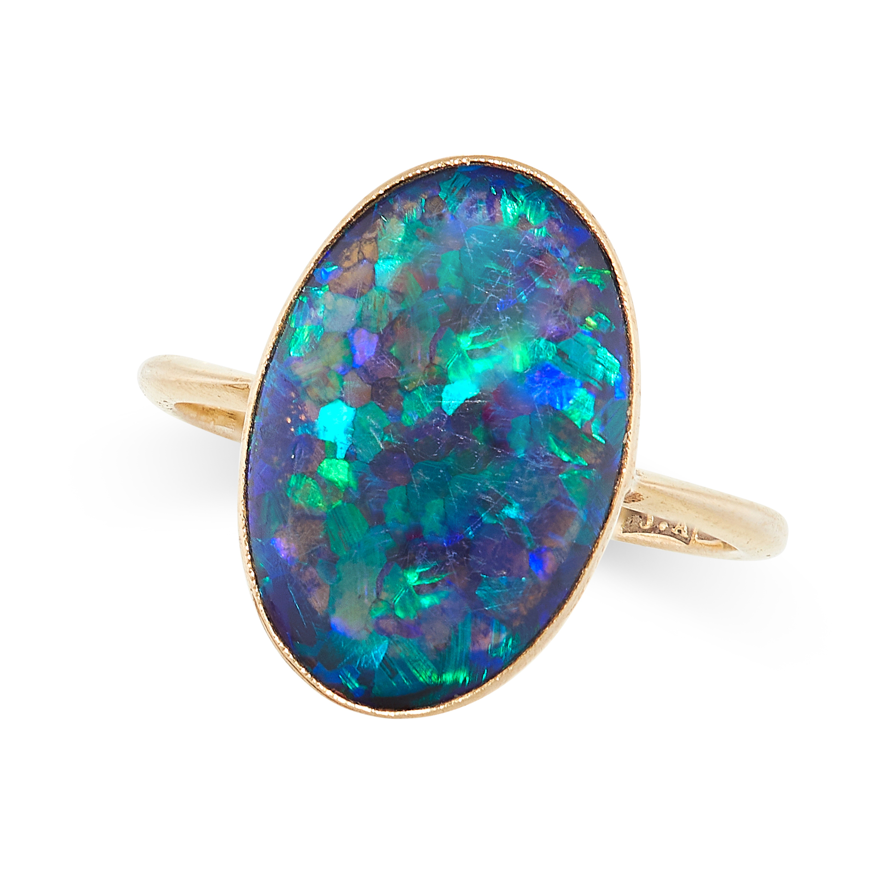 BLACK OPAL RING in 18ct yellow gold, set with a black opal cabochon of 3.54 carats, J.A maker’s