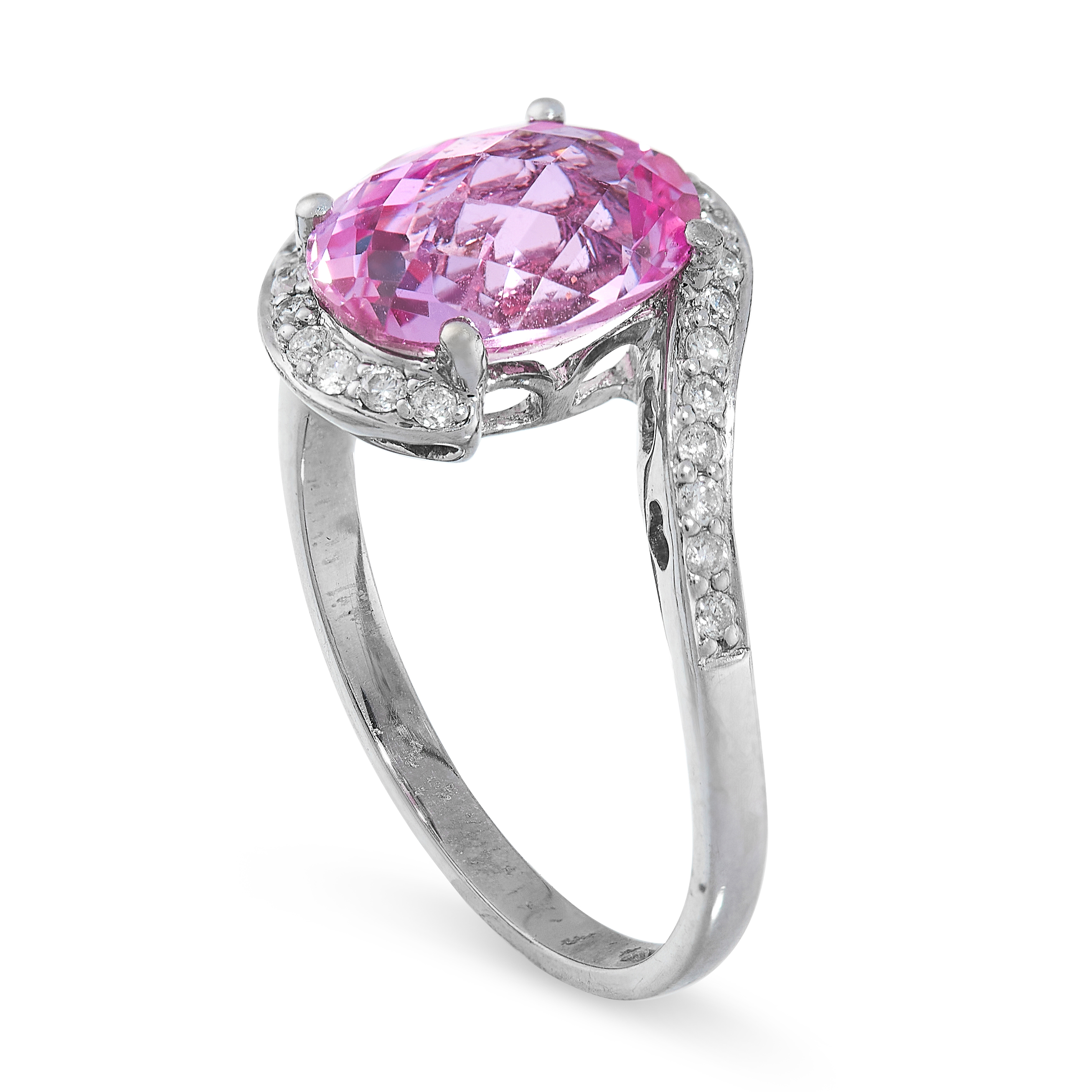 PINK TOPAZ AND DIAMOND RING comprising of a oval faceted pink topaz in a twisted border of round cut - Image 2 of 2