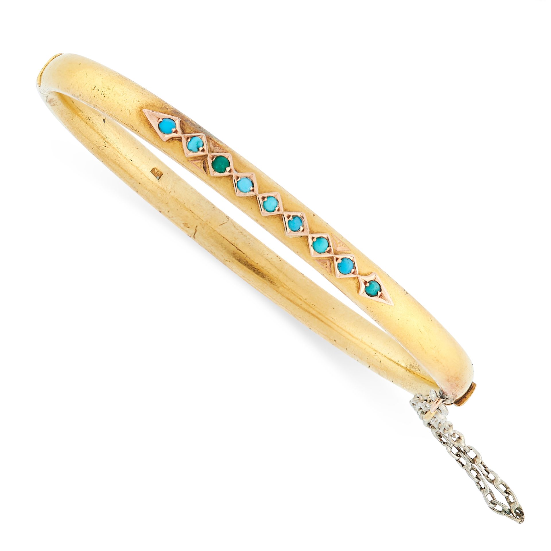 ANTIQUE TURQUOISE BANGLE, 19TH CENTURY in yellow gold, set with nine turquoise cabochons, SR maker’s
