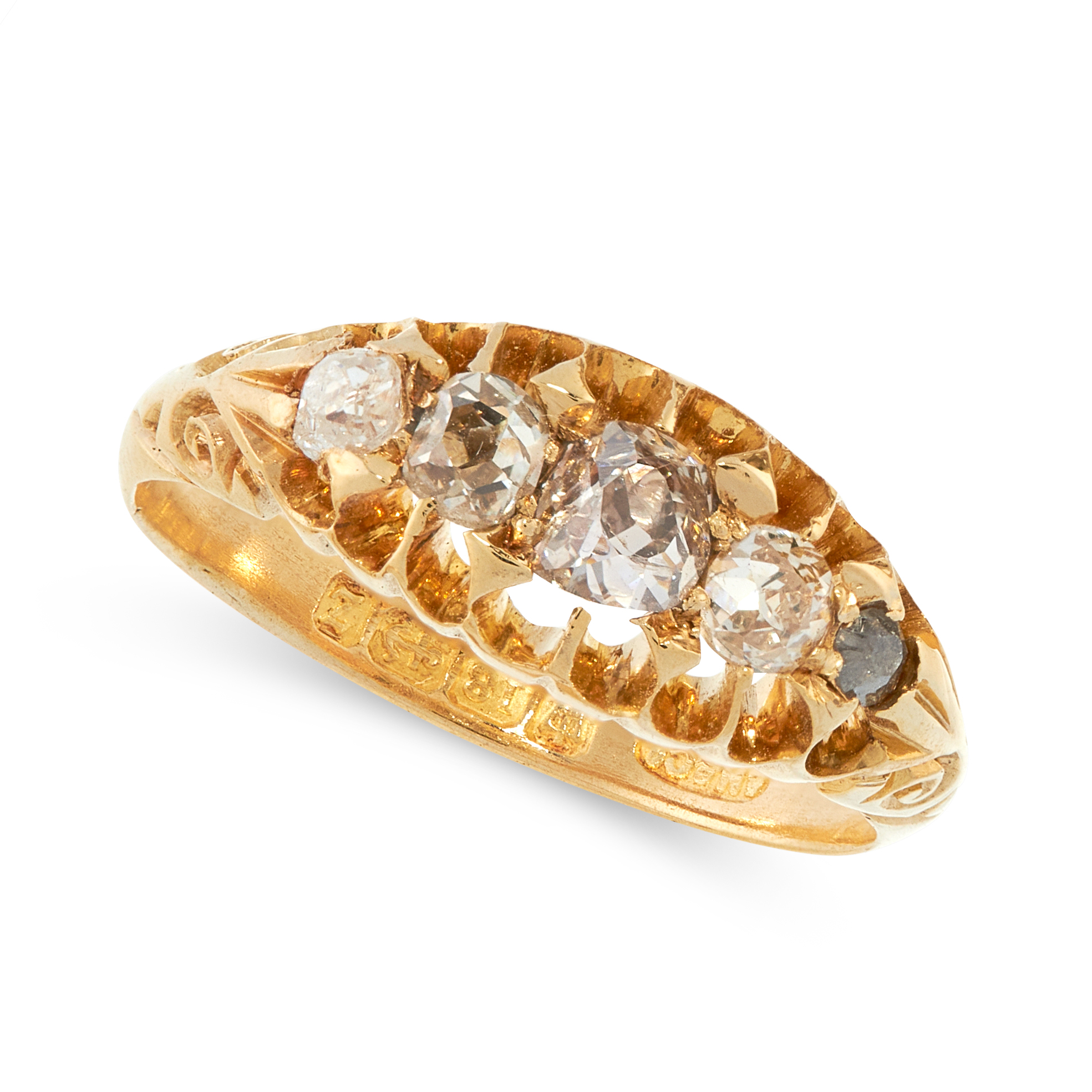 ANTIQUE FIVE STONE DIAMOND RING in 18ct yellow gold, set with five old cut diamonds totalling 0.70