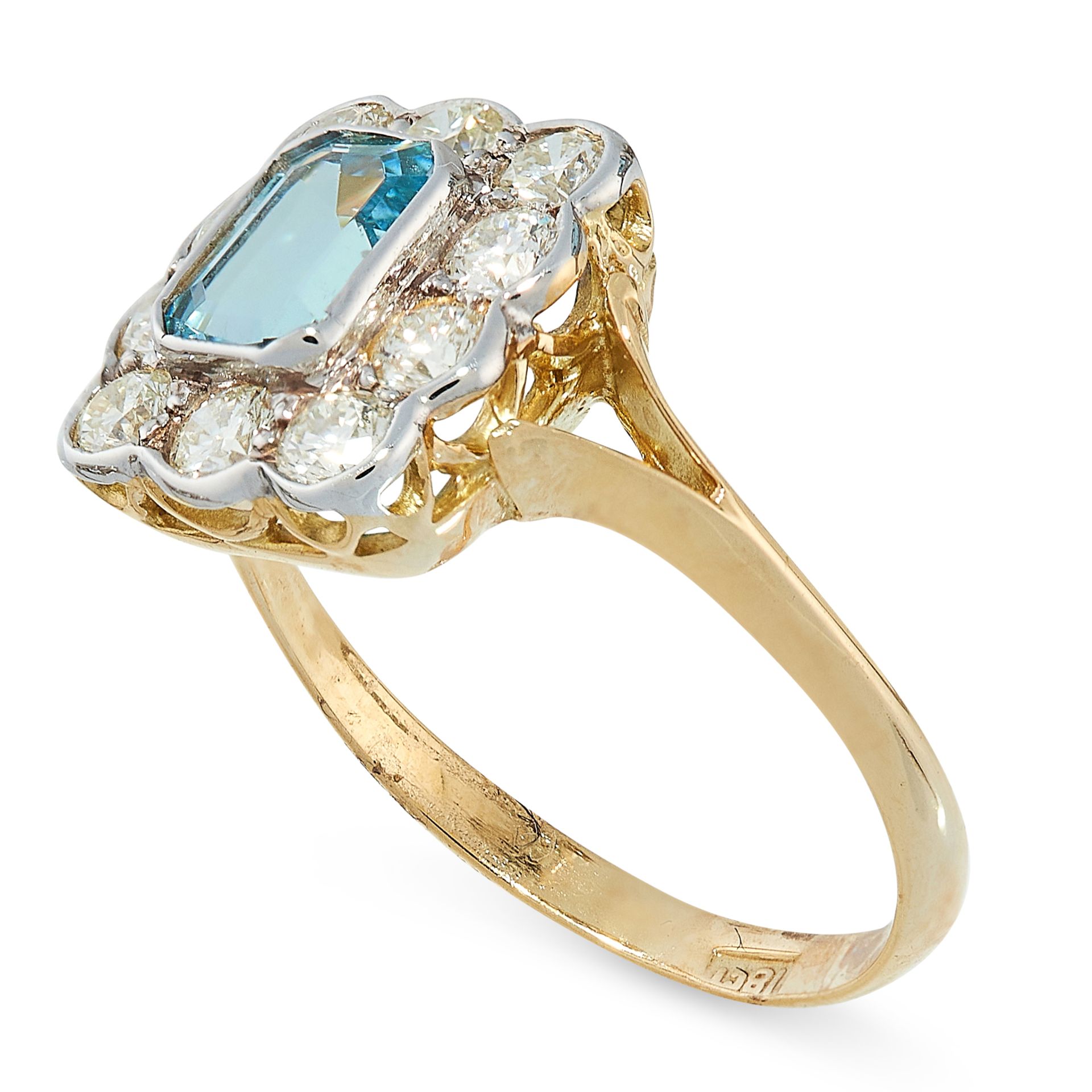 AQUAMARINE AND DIAMOND RING in cluster design, set with an emerald cut aquamarine in a border of - Image 2 of 2