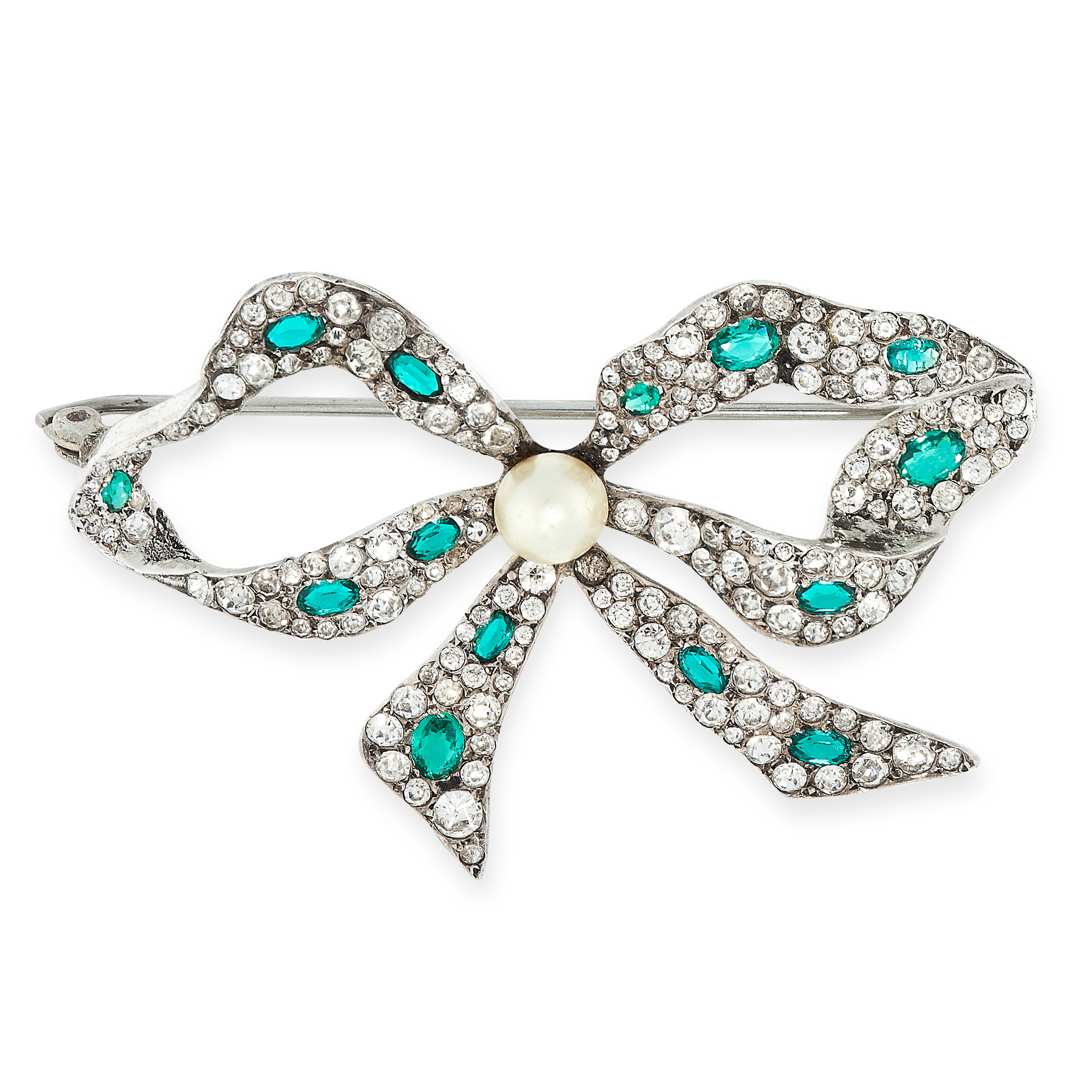 GEMSET AND PEARL BOW BROOCH, 1950s designed as a bow, set with a central pearl, accented by round