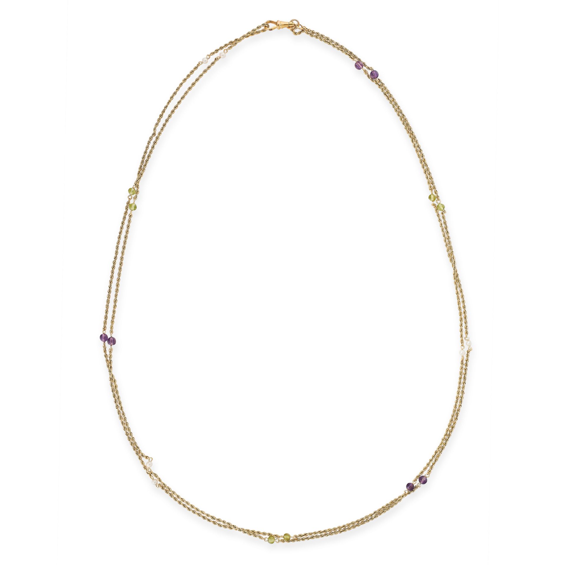 ANTIQUE SUFFRAGETTE PEARL, AMETHYST AND PERIDOT GUARD CHAIN NECKLACE CIRCA 1900 in yellow gold,