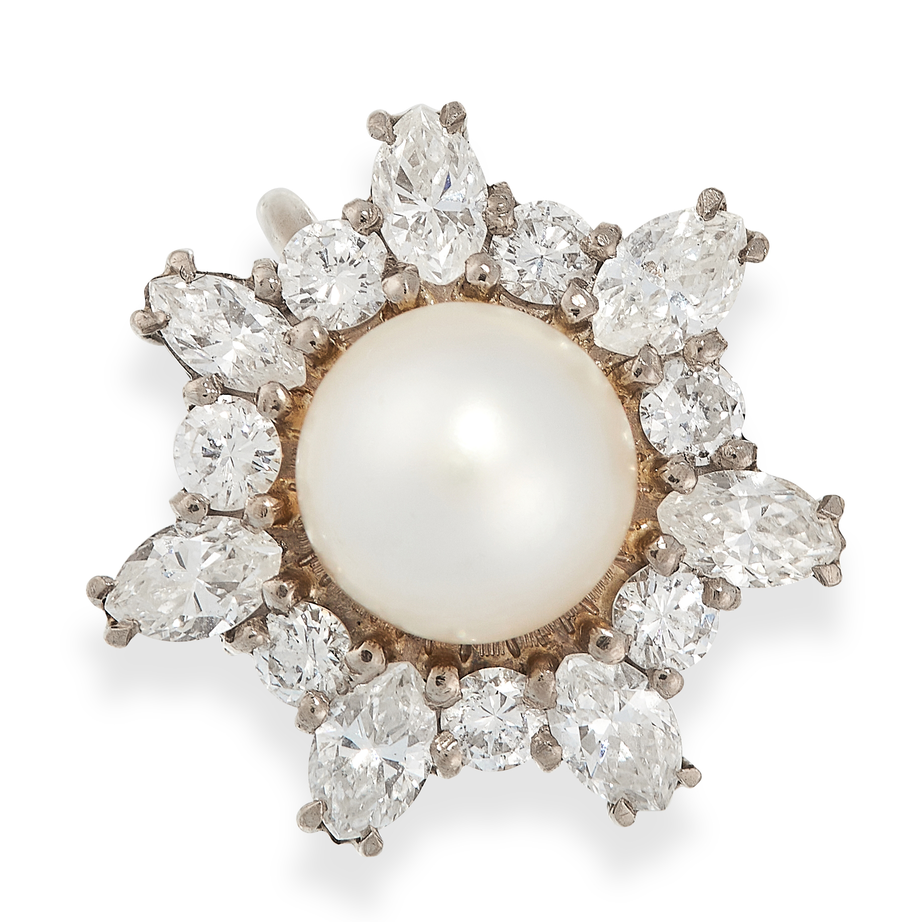 VINTAGE PEARL AND DIAMOND RING in cluster form, set with a pearl of 8.3mm in a border of round and