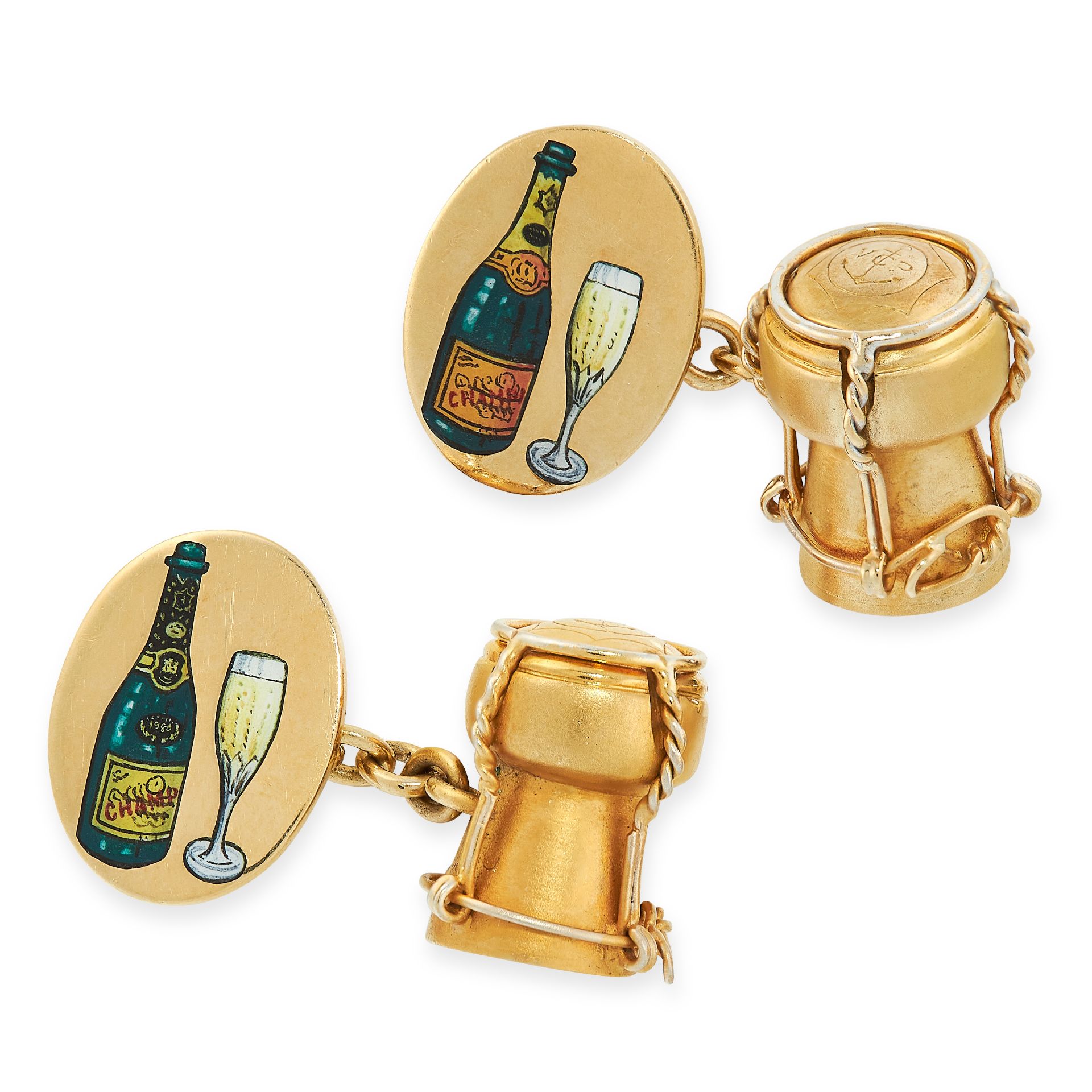 NOVELTY ENAMEL VEUVE CLICQUOT CUFFLINKS, DEAKIN & FRANCIS in 18ct yellow gold, formed of a Veuve