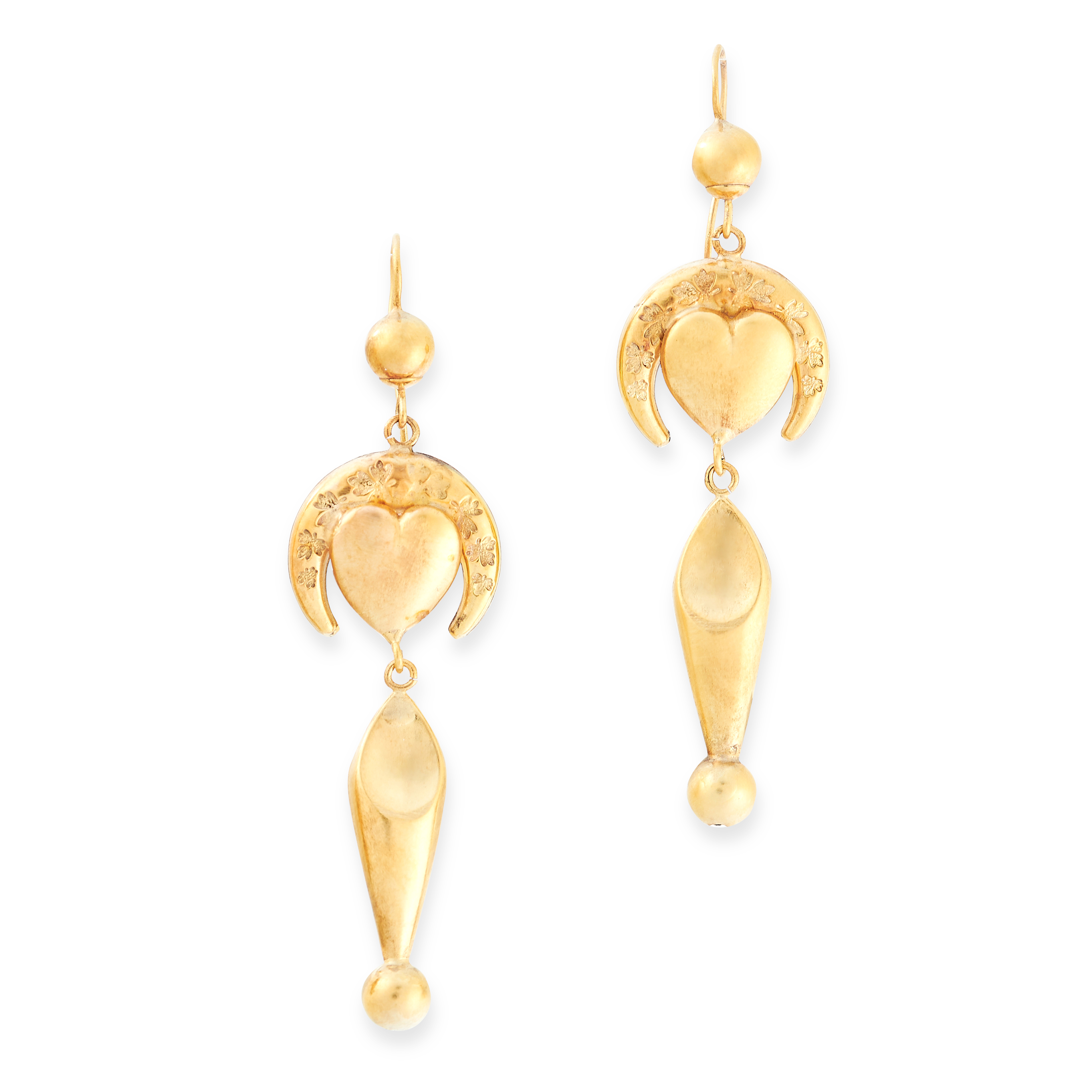 PAIR OF ANTIQUE GOLD DROP EARRINGS, 19TH CENTURY in yellow gold, each set with a gold bead