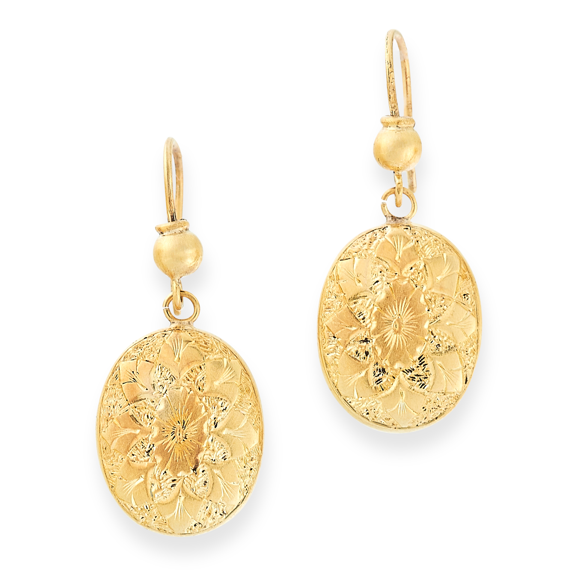 PAIR OF ANTIQUE GOLD DROP EARRINGS in 18ct yellow gold, each set with a gold bead suspending an oval