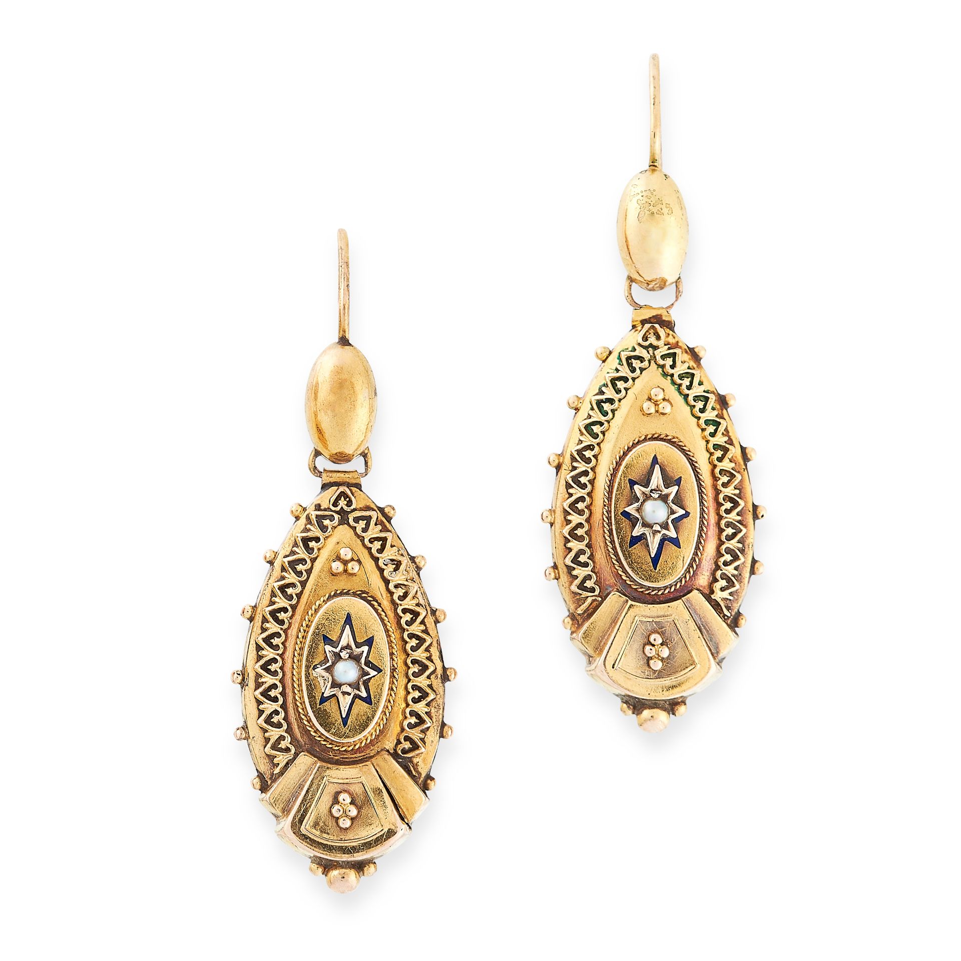 PAIR OF ANTIQUE PEARL AND ENAMEL EARRINGS in yellow gold, each formed of a pear shaped drop, set