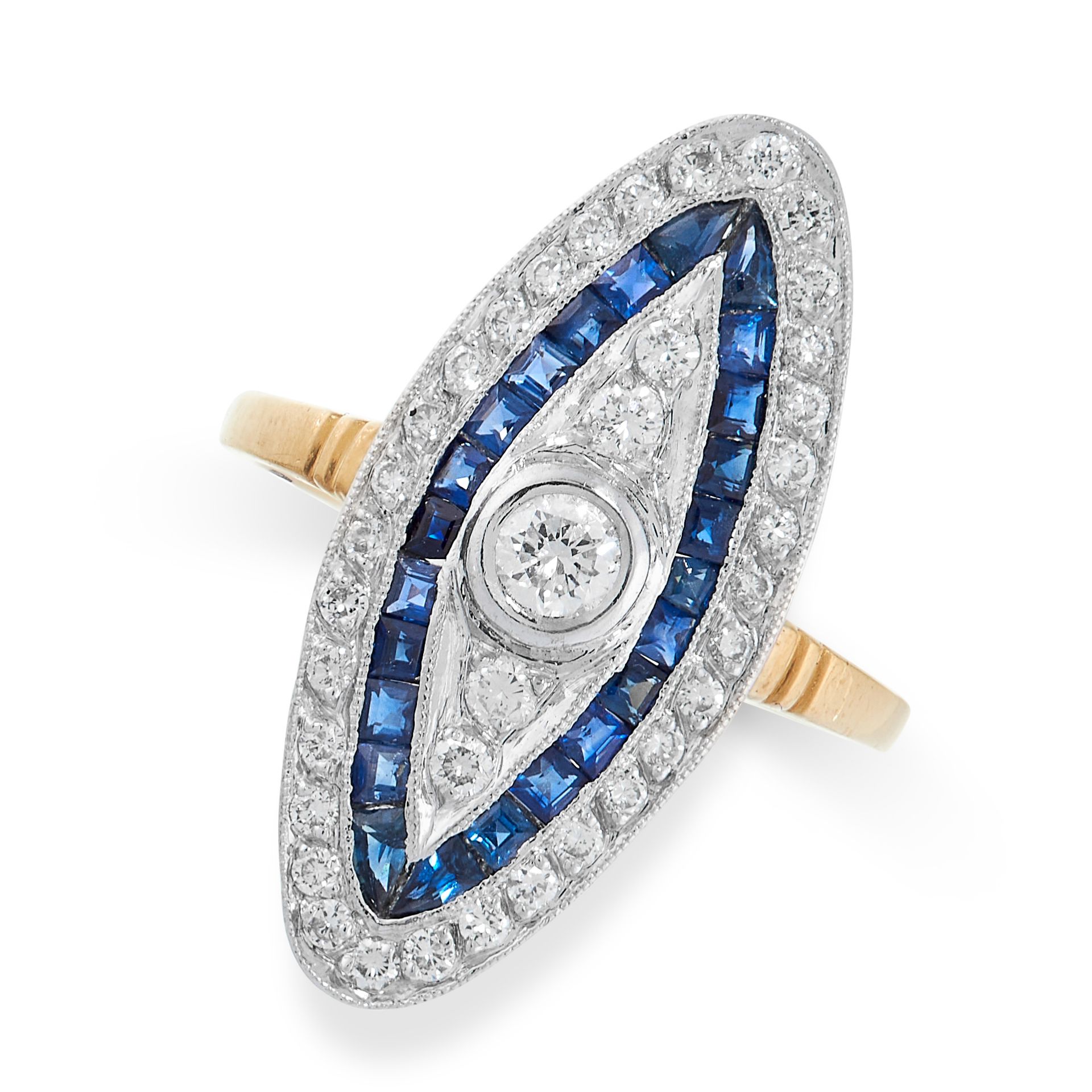 DIAMOND AND SAPPHIRE RING the marquise face set with a central panel of round cut diamonds in a