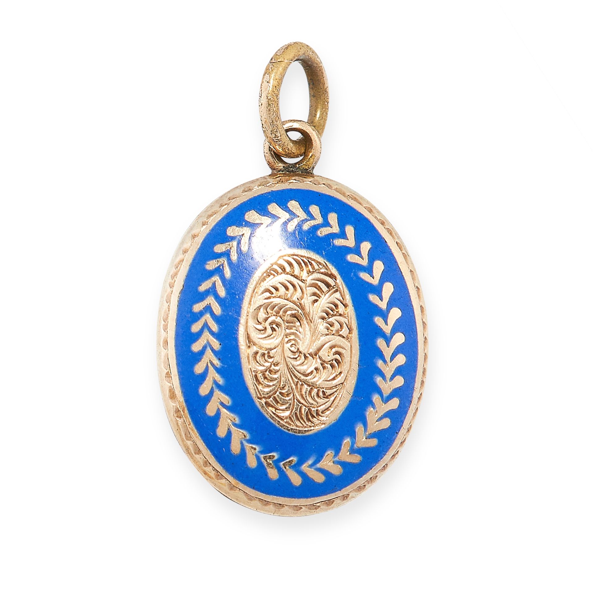 ANTIQUE ENAMEL MOURNING LOCKET PENDANT in yellow gold, of oval form, decorated with blue enamel