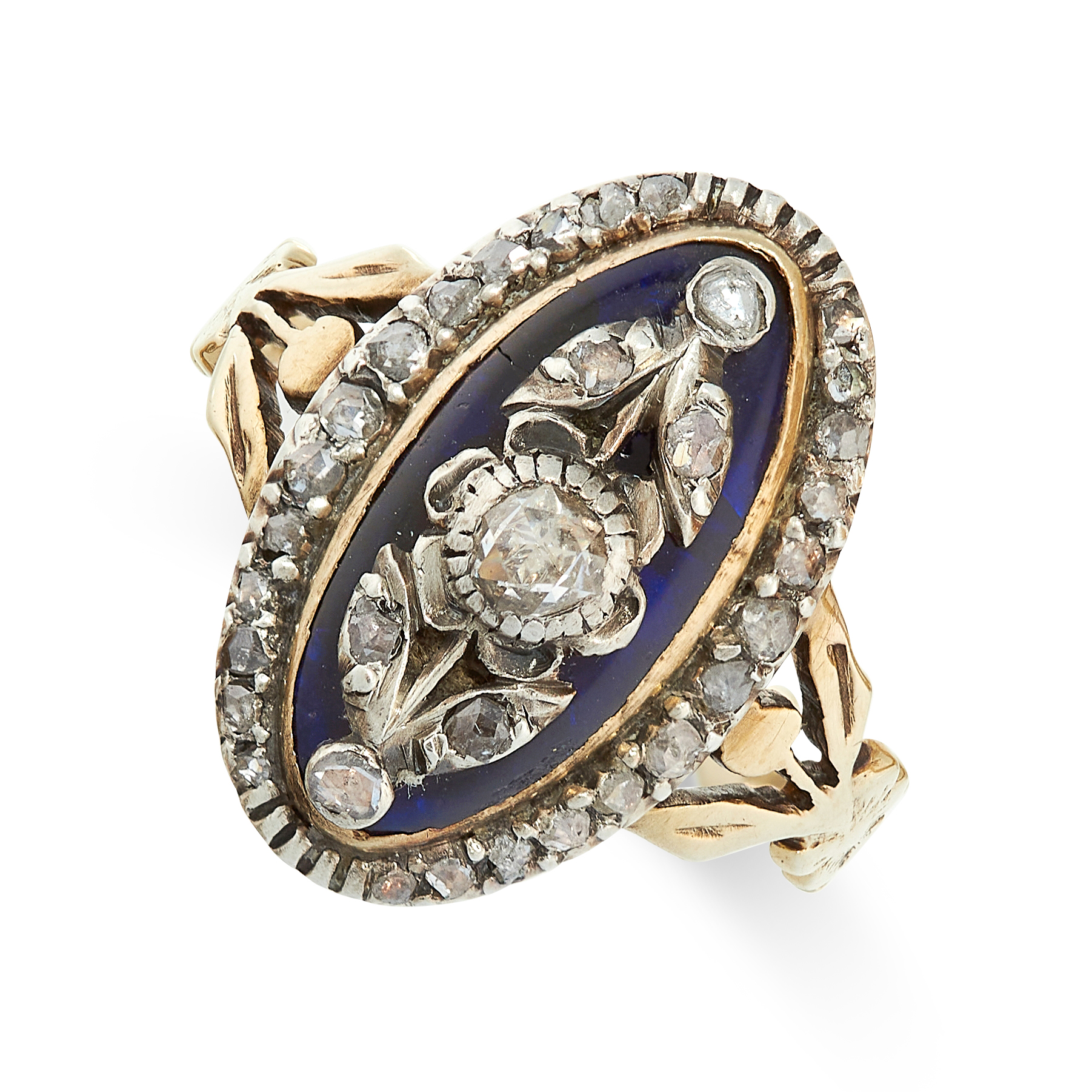 ANTIQUE DIAMOND AND BLUE GLASS BAGUE DE FIRMAMENT RING in yellow gold and silver, the oval face