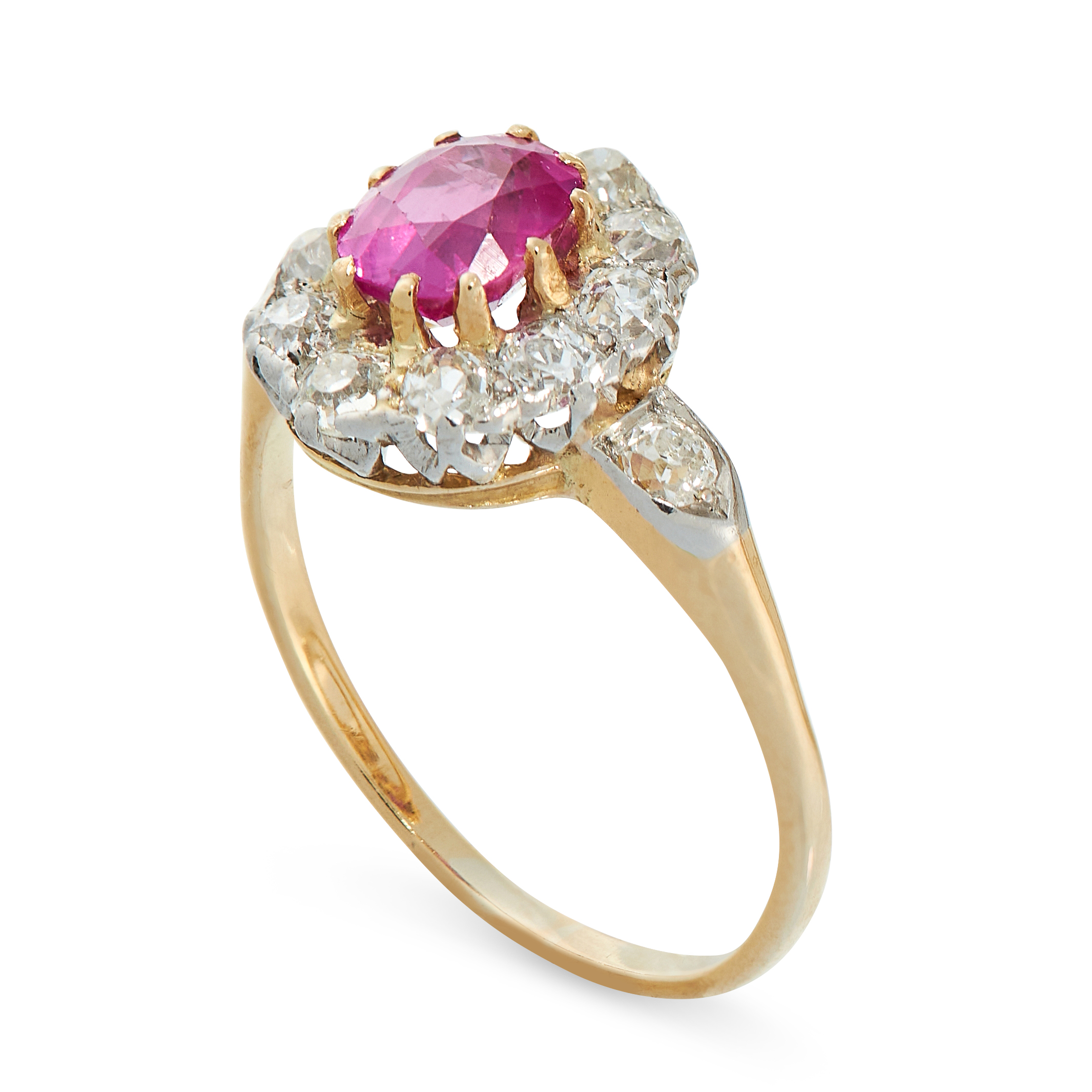 BURMA NO HEAT RUBY AND DIAMOND RING in cluster form, set with a cushion cut ruby of 1.14 carats in a - Image 2 of 2