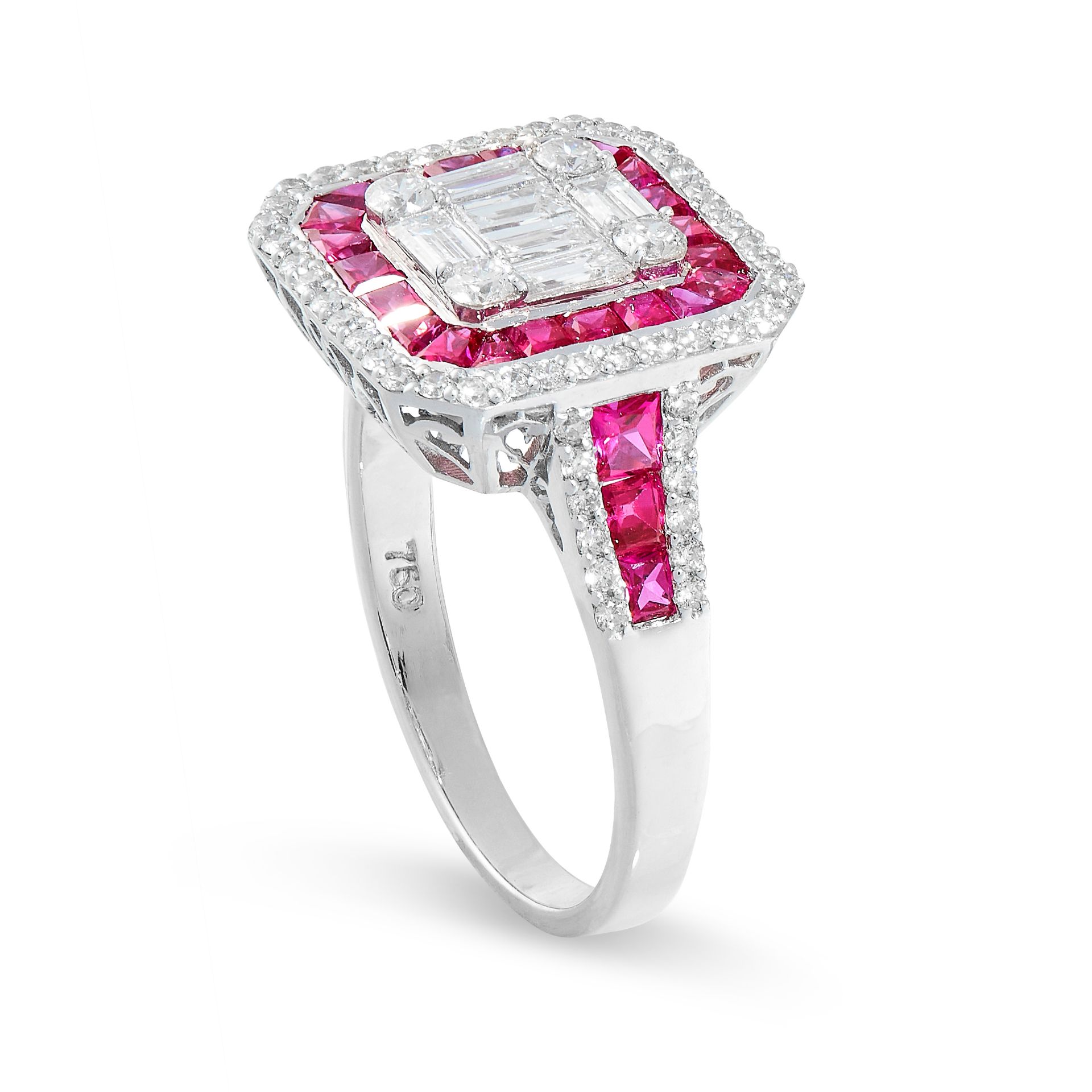 RUBY AND DIAMOND RING the central cluster composed of baguette and brilliant-cut diamonds, within - Image 2 of 2