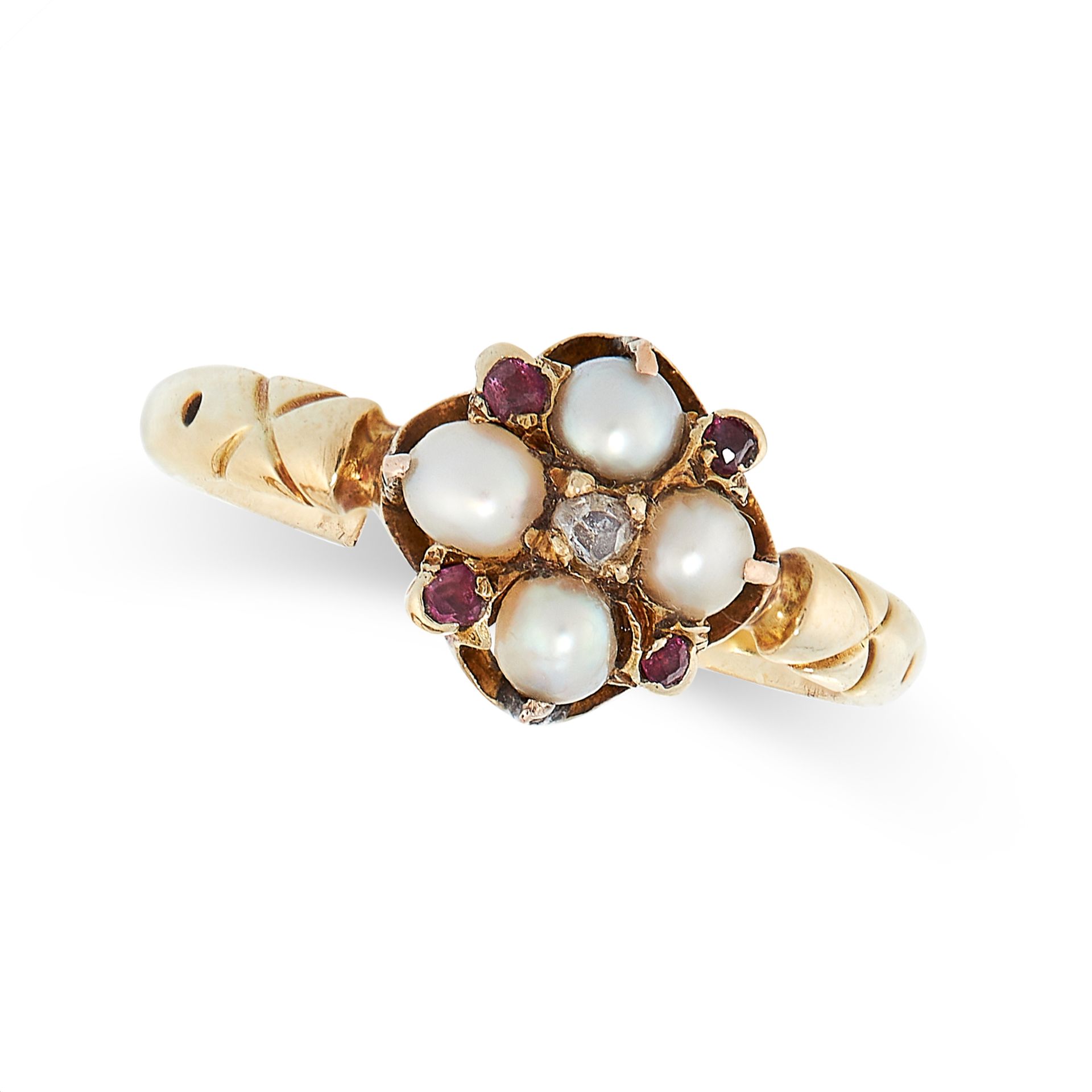 ANTIQUE PEARL, RUBY AND DIAMOND RING in yellow gold, set with a central rose cut diamond in a border