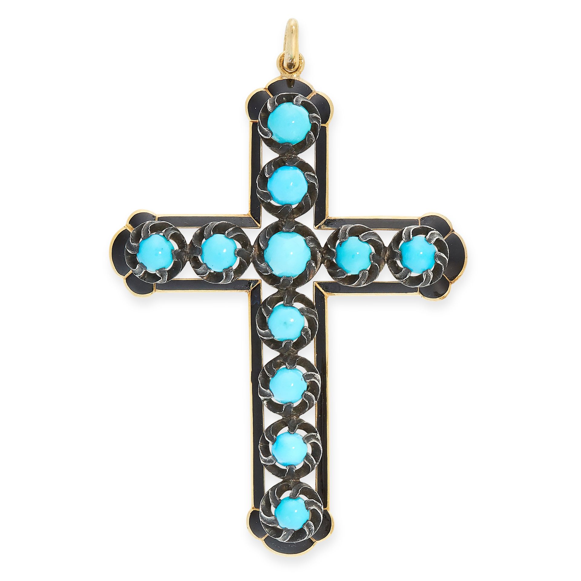 ANTIQUE TURQUOISE AND ENAMEL CROSS PENDANT in yellow gold and silver, set with eleven turquoise