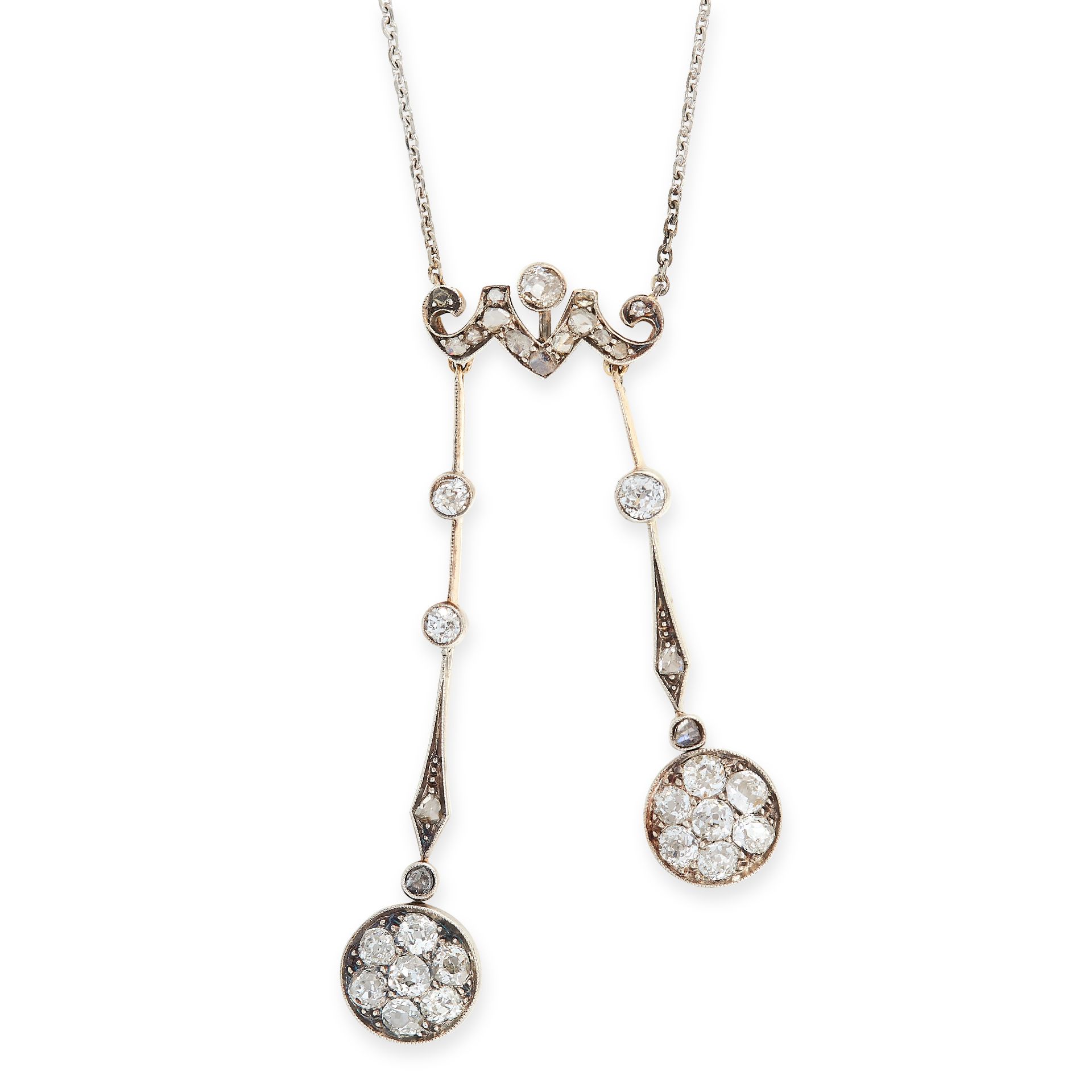 ANTIQUE DIAMOND NEGLIGEE PENDANT NECKLACE, CIRCA 1900 comprising of two drops set with old and