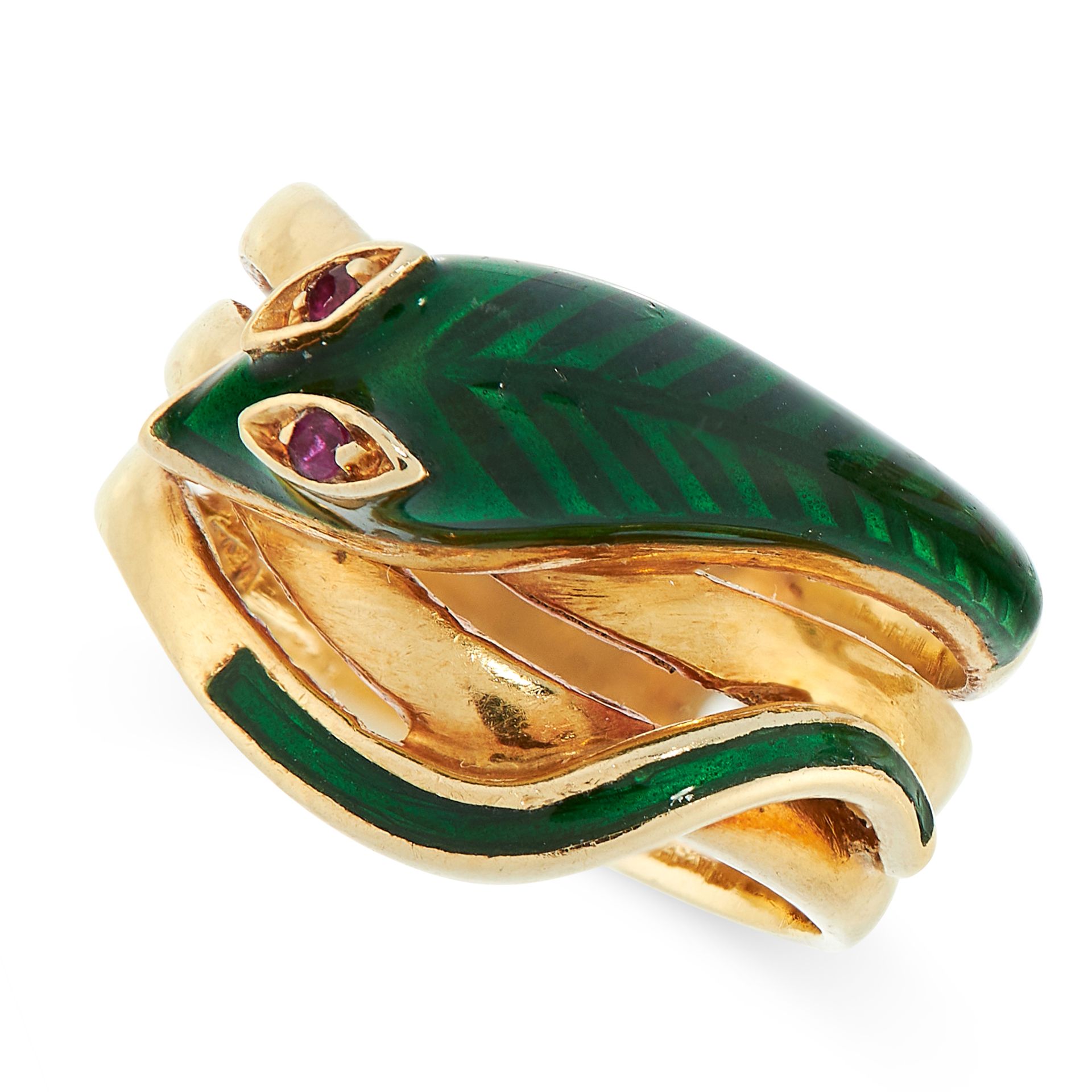 RUBY AND ENAMEL SNAKE RING, MAUBOUSSIN designed as a snake coiled around itself, set with green