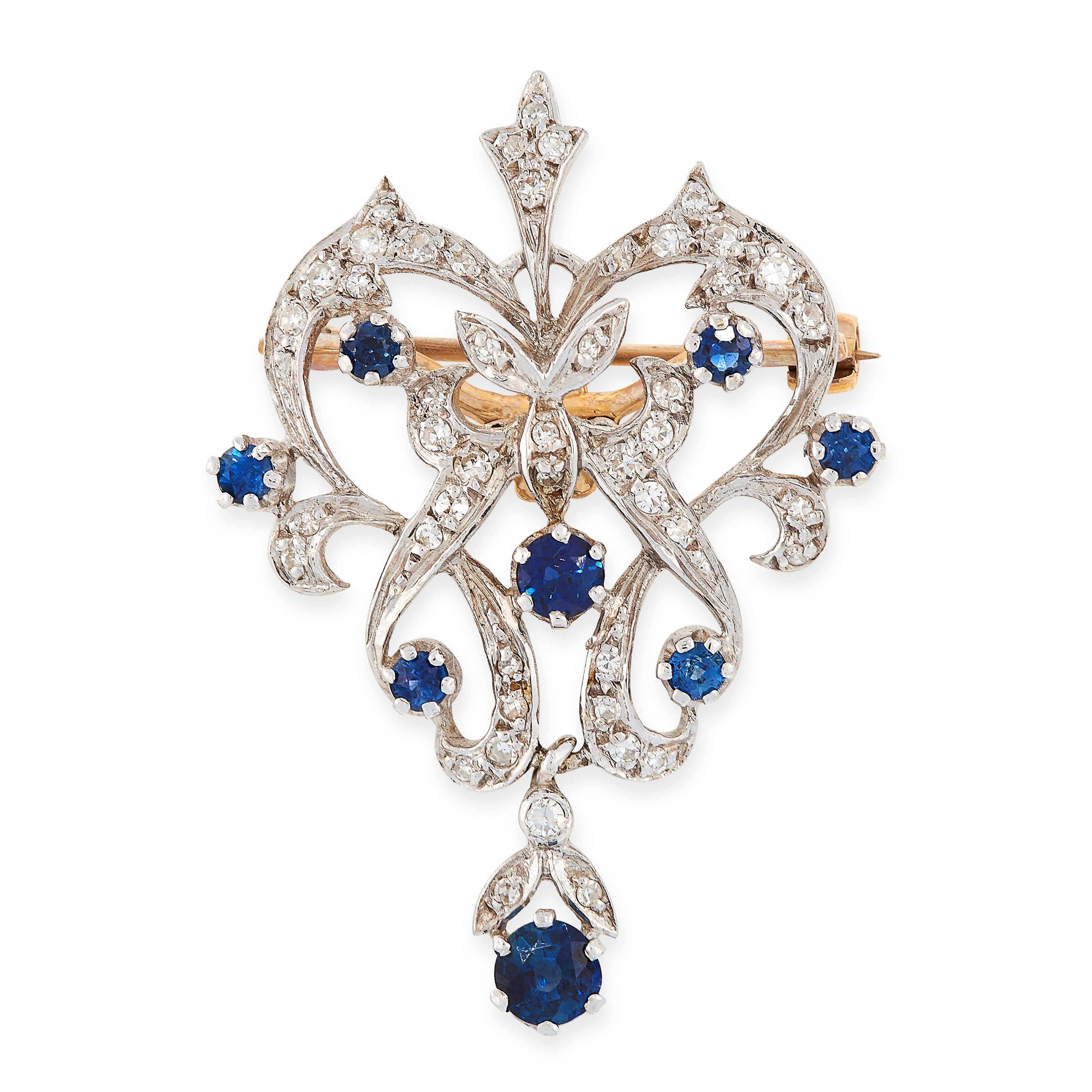 SAPPHIRE AND DIAMOND BROOCH / PENDANT the open framework is decorated in scrolling foliate motifs,