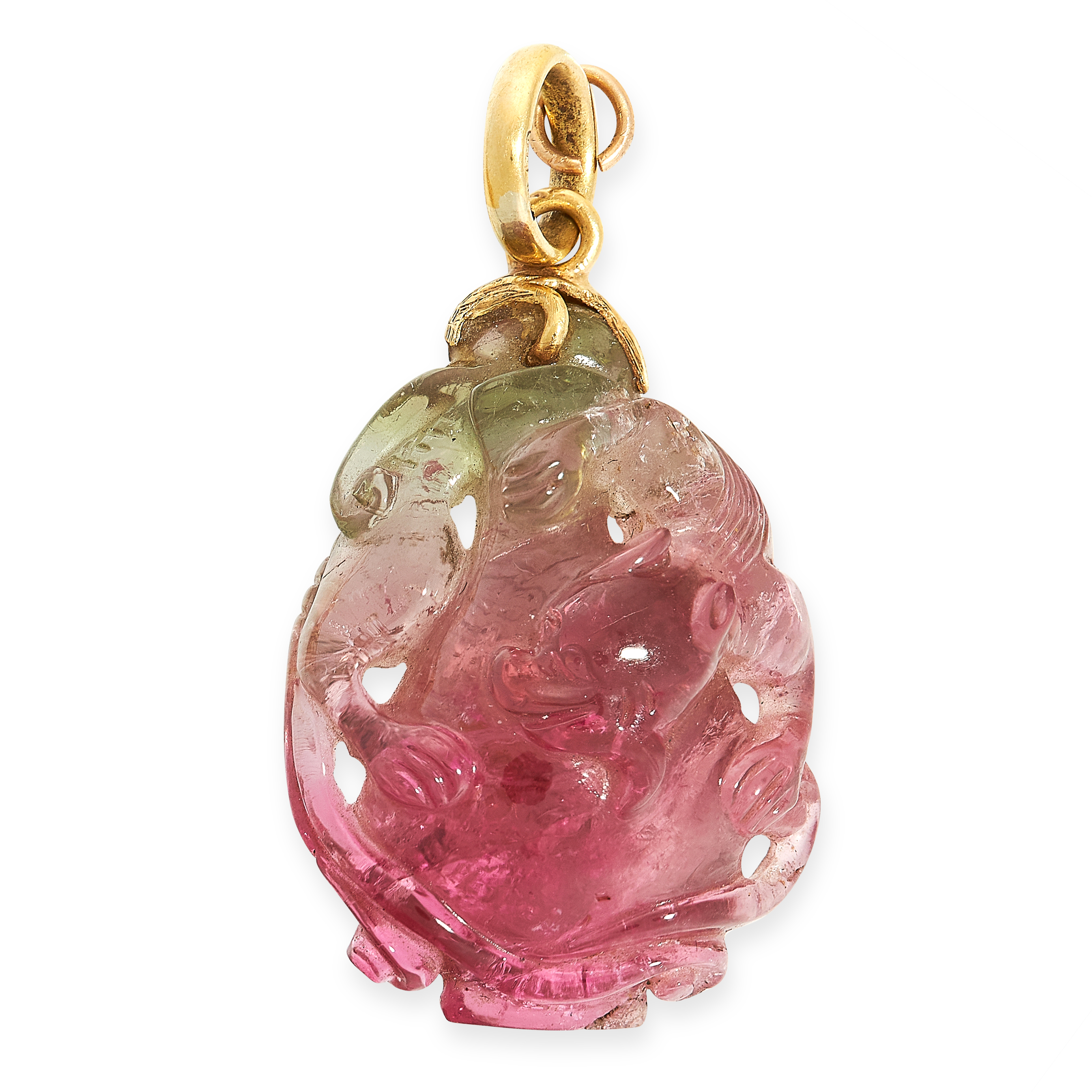 CARVED WATERMELON TOURMALINE PENDANT formed of a single piece of carved tourmaline carved in the