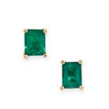 PAIR OF EMERALD STUD EARRINGS in 18ct yellow gold, each set with an emerald cut emerald, both