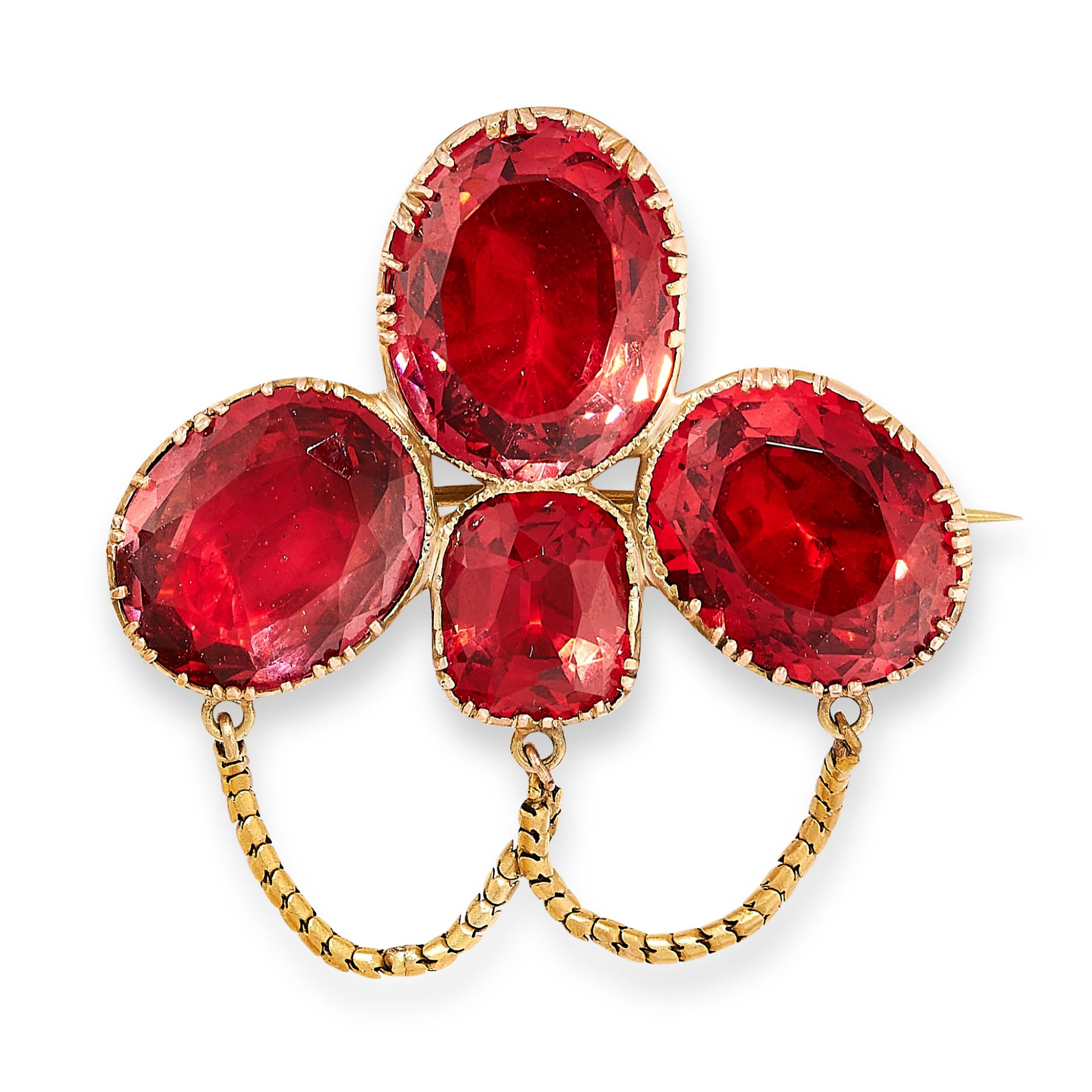ANTIQUE PASTE BROOCH, 19TH CENTURY set with three graduated oval cut reddish pink paste gemstones,