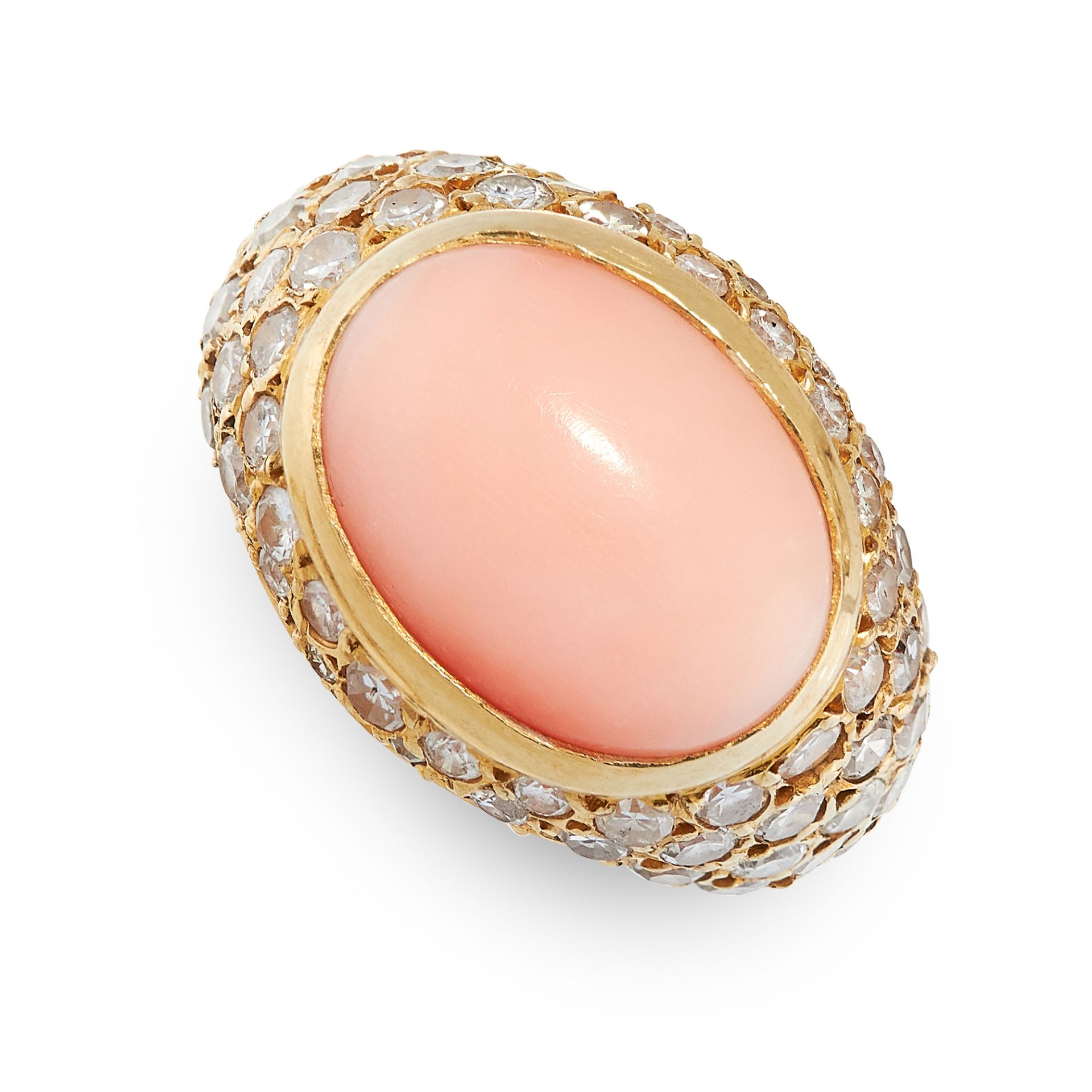 VINTAGE CORAL AND DIAMOND RING in 18ct yellow gold, set with an oval cabochon coral of 14.0mm,