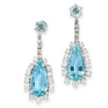 PAIR OF AQUAMARINE AND DIAMOND EARRINGS in 18ct white gold, each set with a pear cut aquamarine