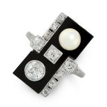 DIAMOND, PEARL AND ONYX DRESS RING in 18ct white gold, the geometric face set with a polished