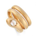 ANTIQUE MOONSTONE SNAKE RING in yellow gold, in the form of a coiled snake, the head set with a