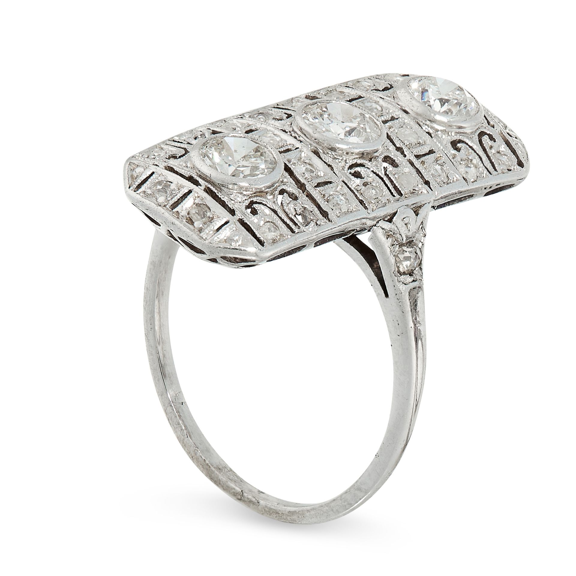 DIAMOND DRESS RING, CIRCA 1940 of plaque design, the face set with a trio of old cut diamonds, - Image 2 of 2