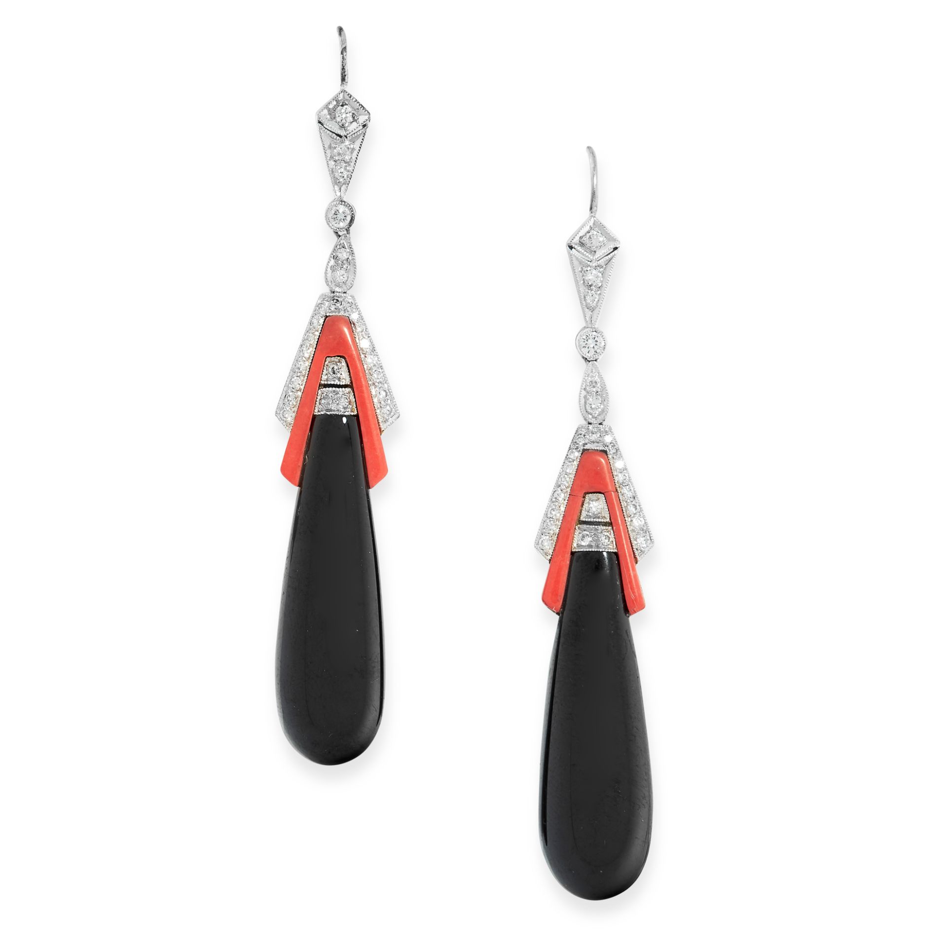 PAIR OF ONYX, CORAL AND DIAMOND EARRINGS each of pendent design, the articulated bodies set with