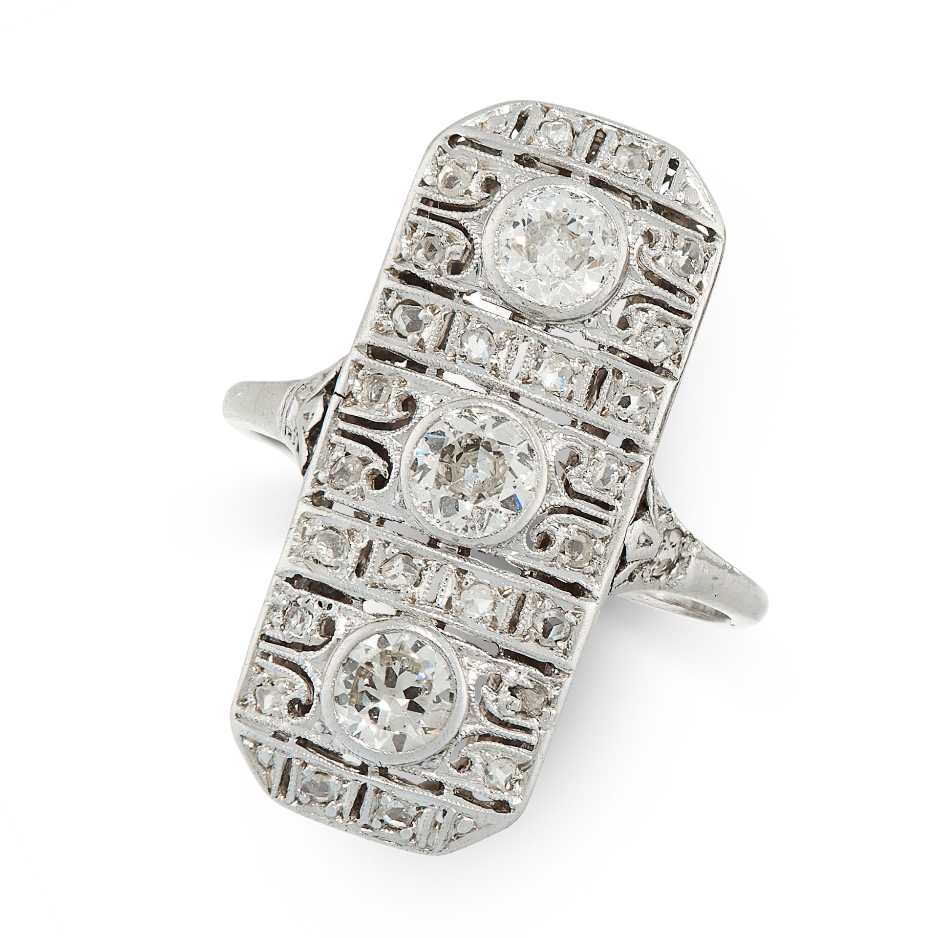DIAMOND DRESS RING, CIRCA 1940 of plaque design, the face set with a trio of old cut diamonds,
