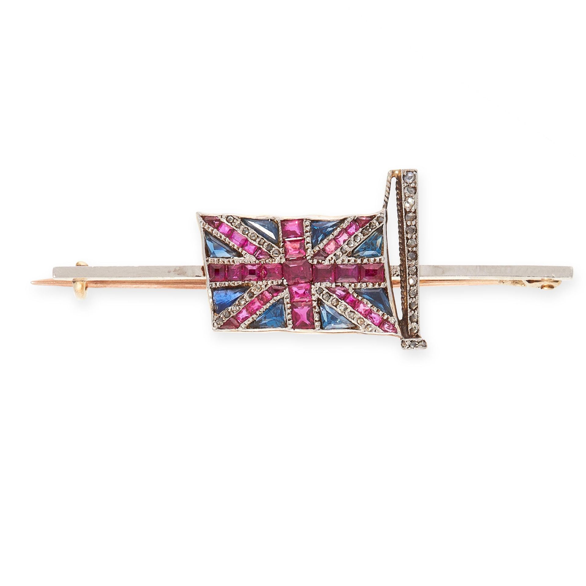 RUBY, SAPPHIRE AND DIAMOND UNION JACK FLAG BROOCH, EARLY 20TH CENTURY in yellow gold, set with