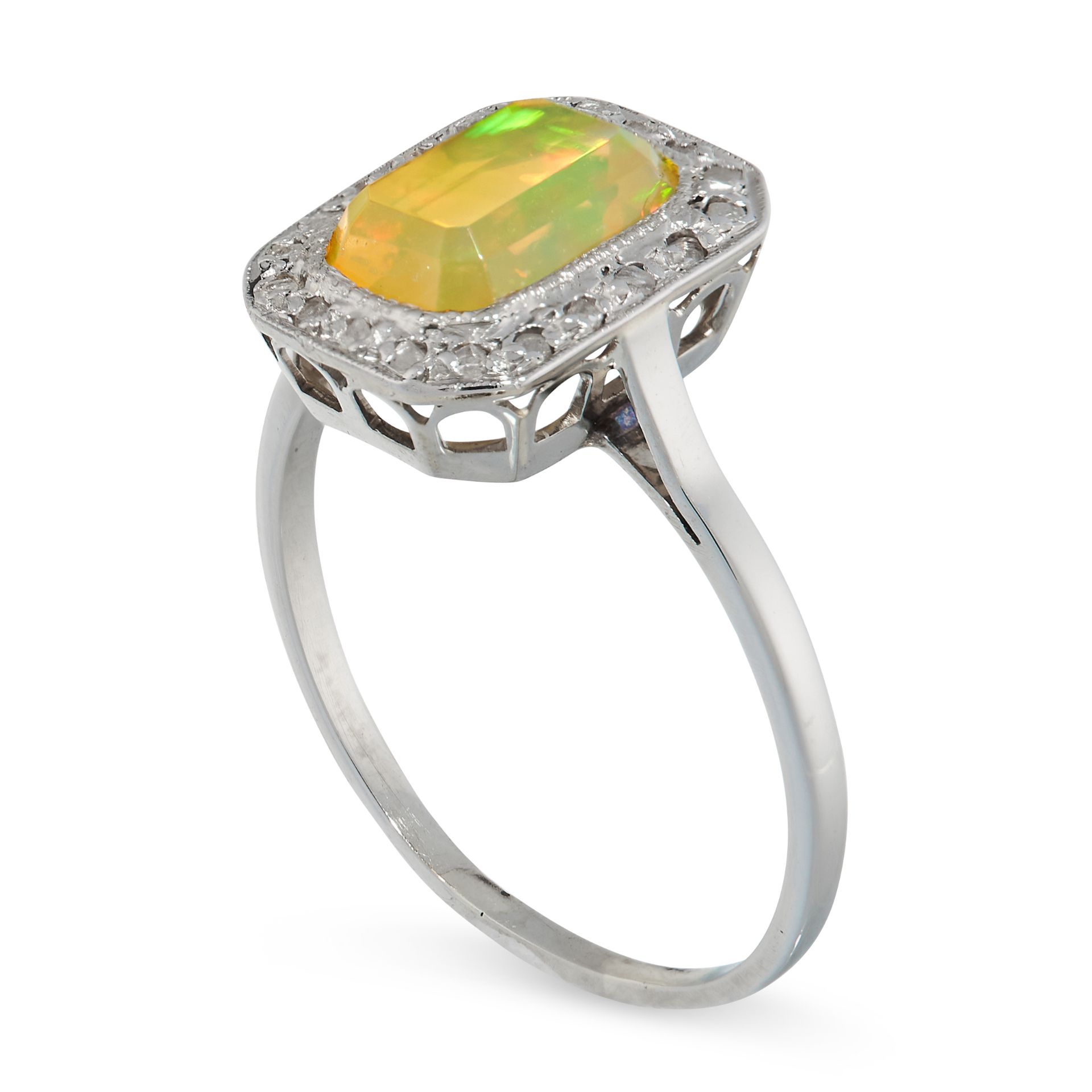 OPAL AND DIAMOND RING set with a step cut opal in a border of rose cut diamonds, unmarked, size - Image 2 of 2