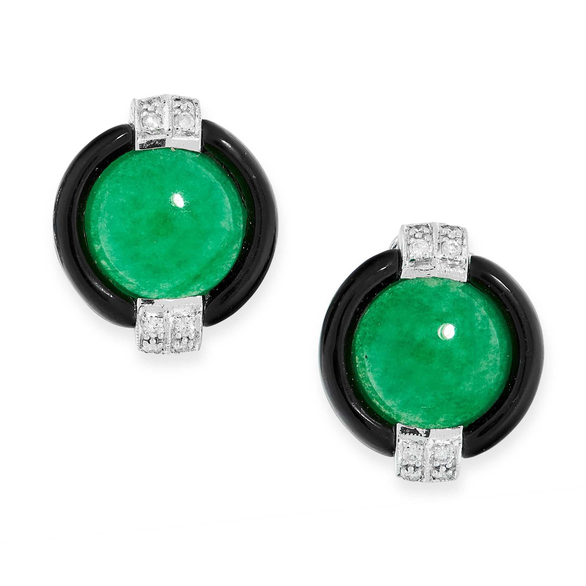 PAIR OF JADEITE JADE, ONYX AND DIAMOND EARRINGS in 18ct white gold, of circular design, set with