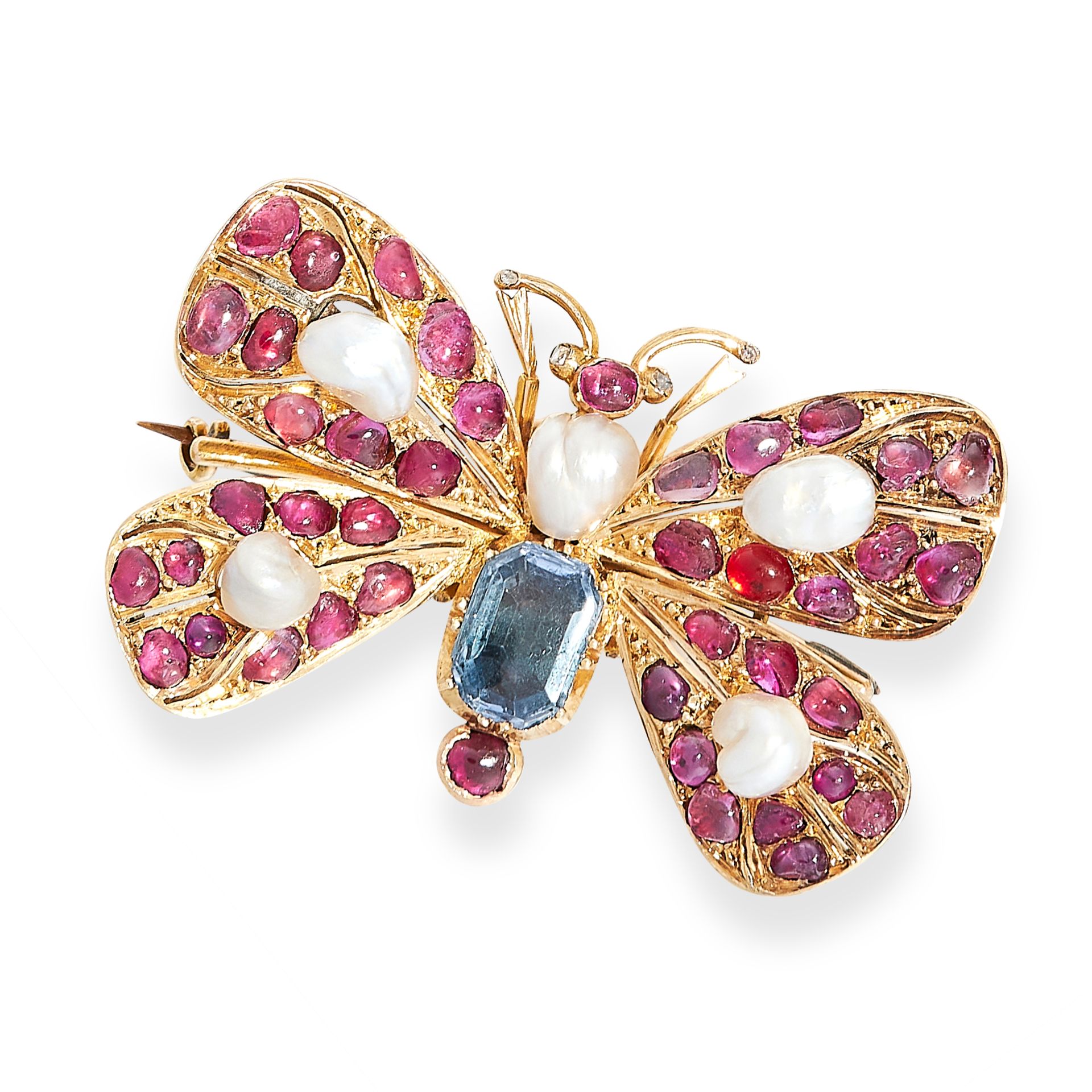 AQUAMARINE, PEARL, DIAMOND AND RUBY BUTTERFLY BROOCH set with a step cut aquamarine, pearls, rose