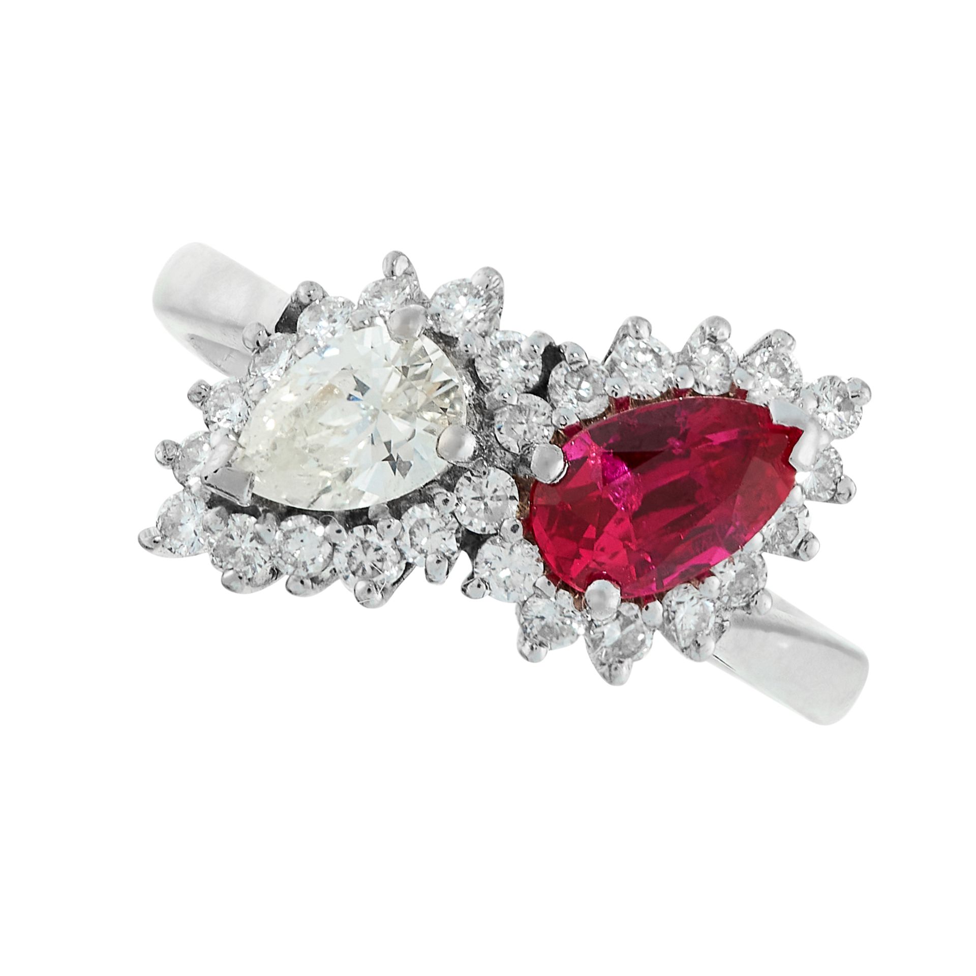 RUBY AND DIAMOND TOI ET MOI RING in 18ct white gold, set alternately with a pear cut ruby of 0.67